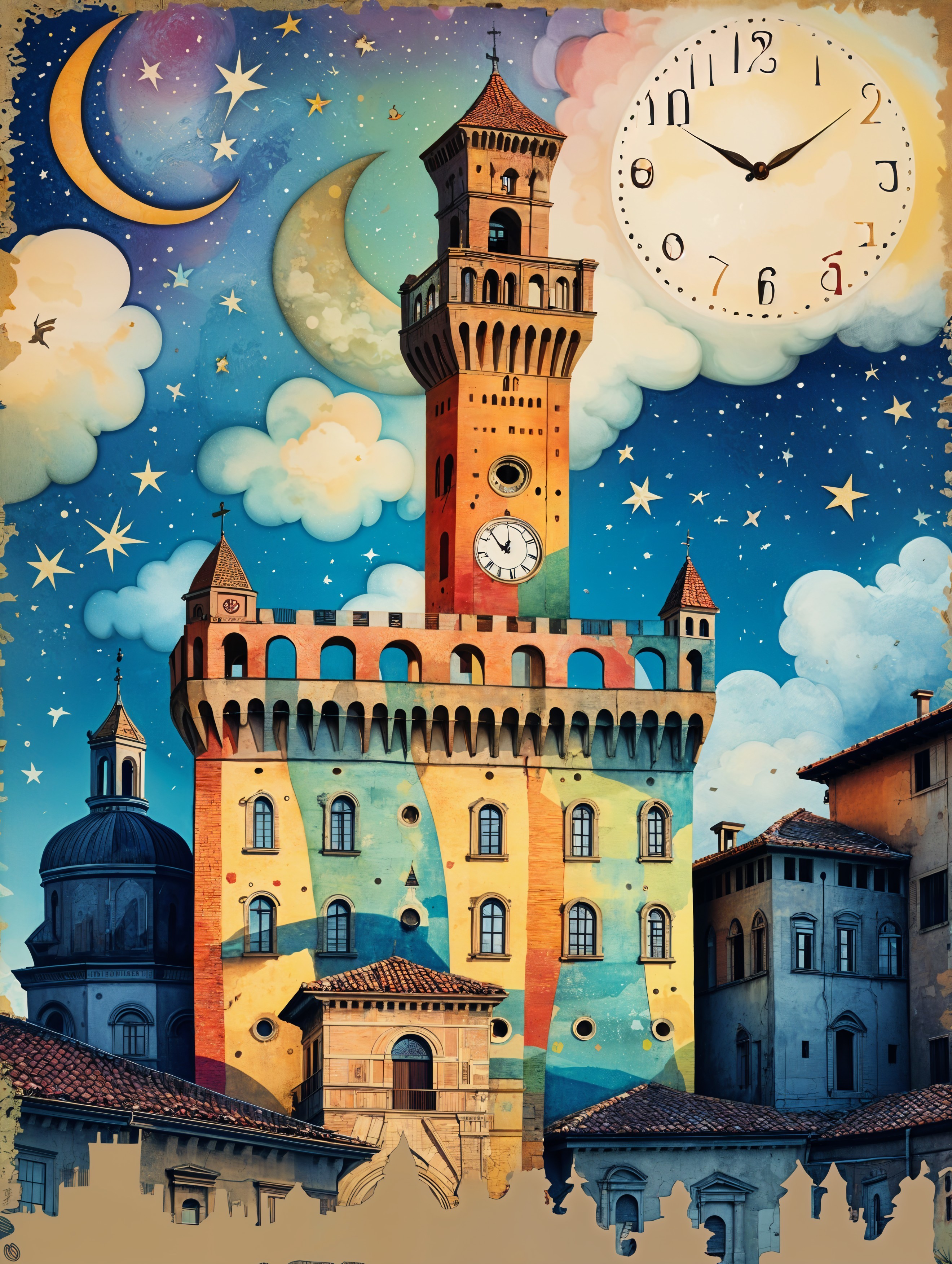 Colorful Illustration of a Clock Tower at Night