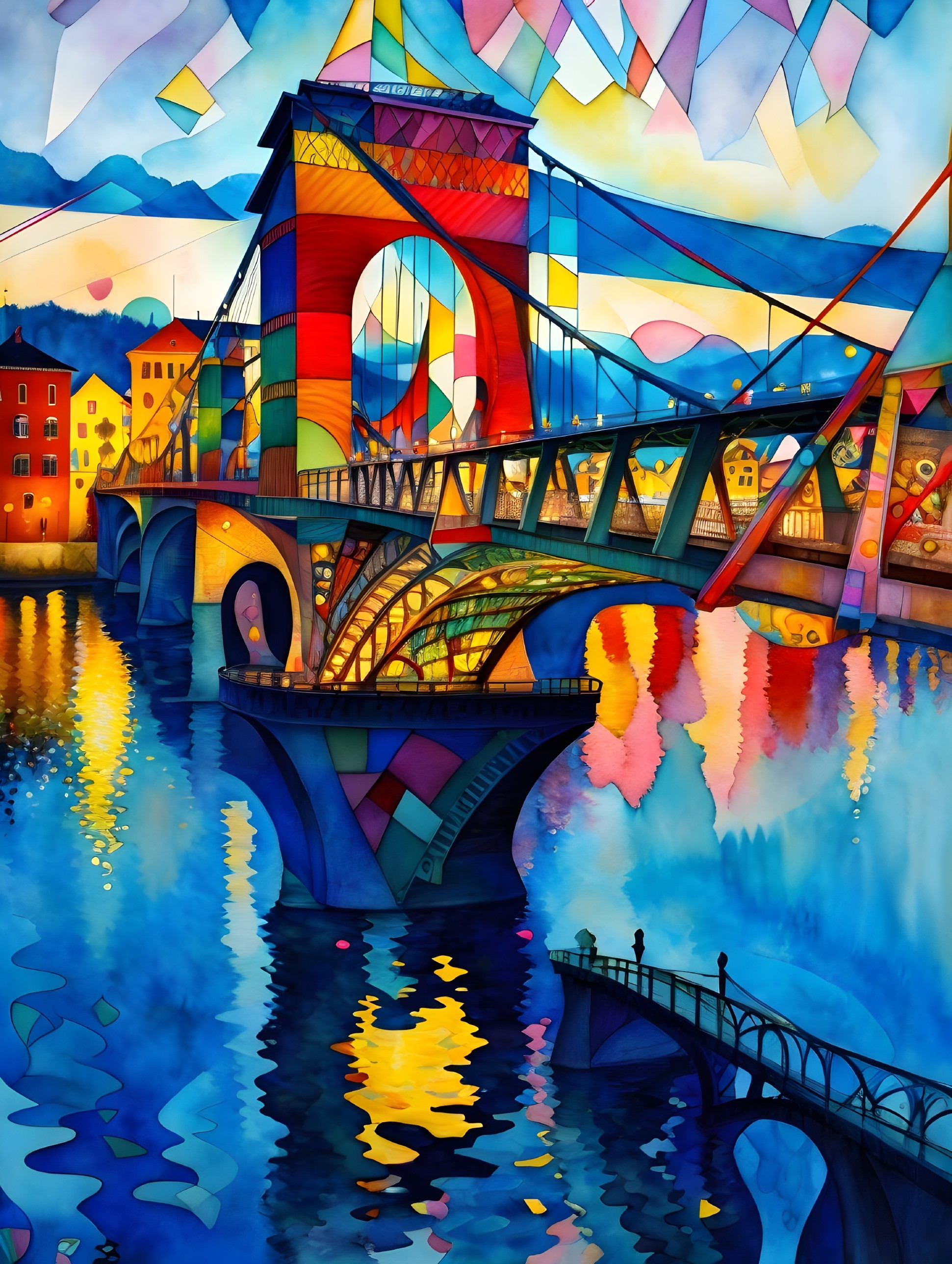 Vibrant Bridge Over Shimmering River in Lively Cityscape
