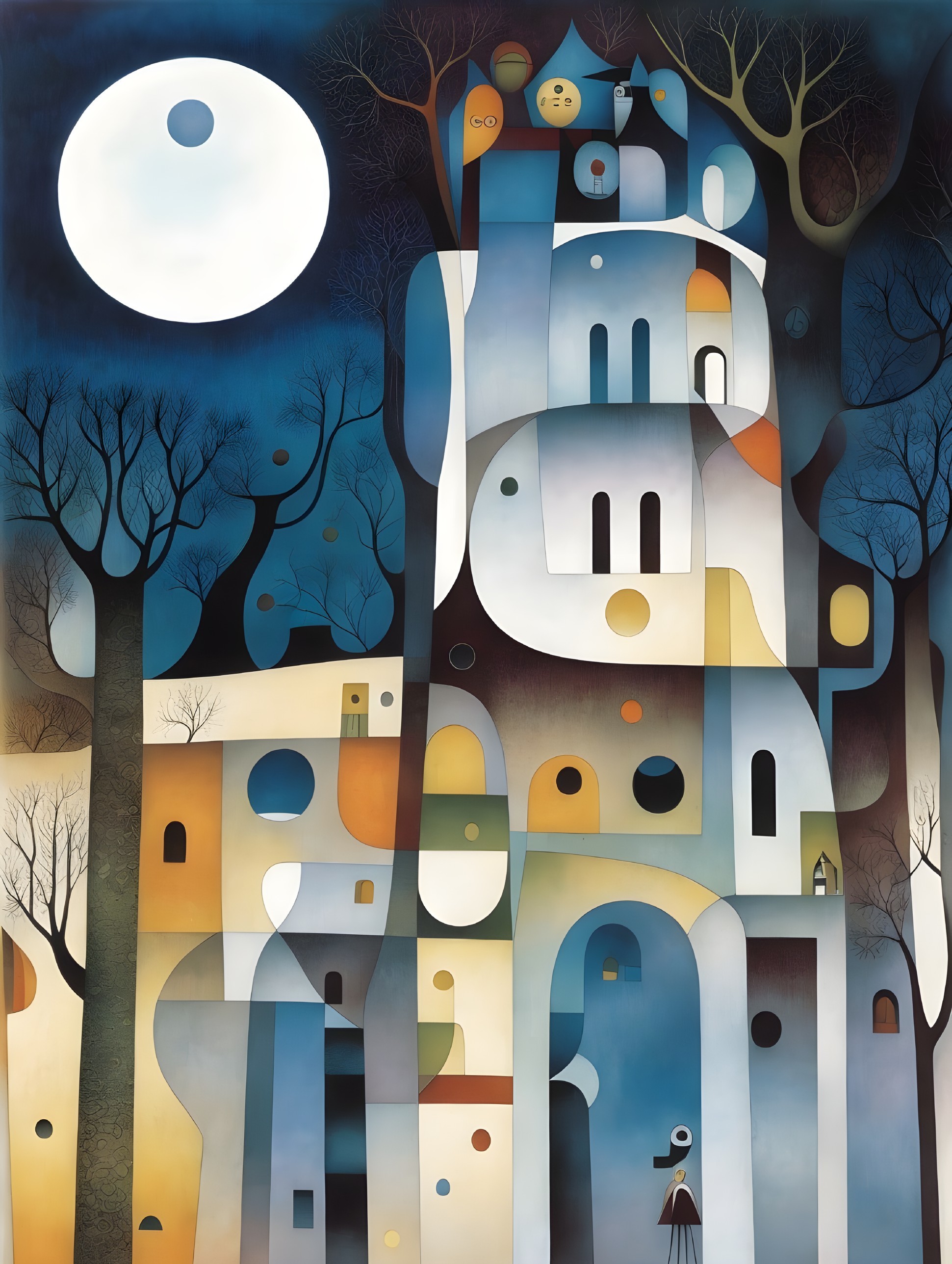 Whimsical Abstract Landscape with Large Moon and Trees