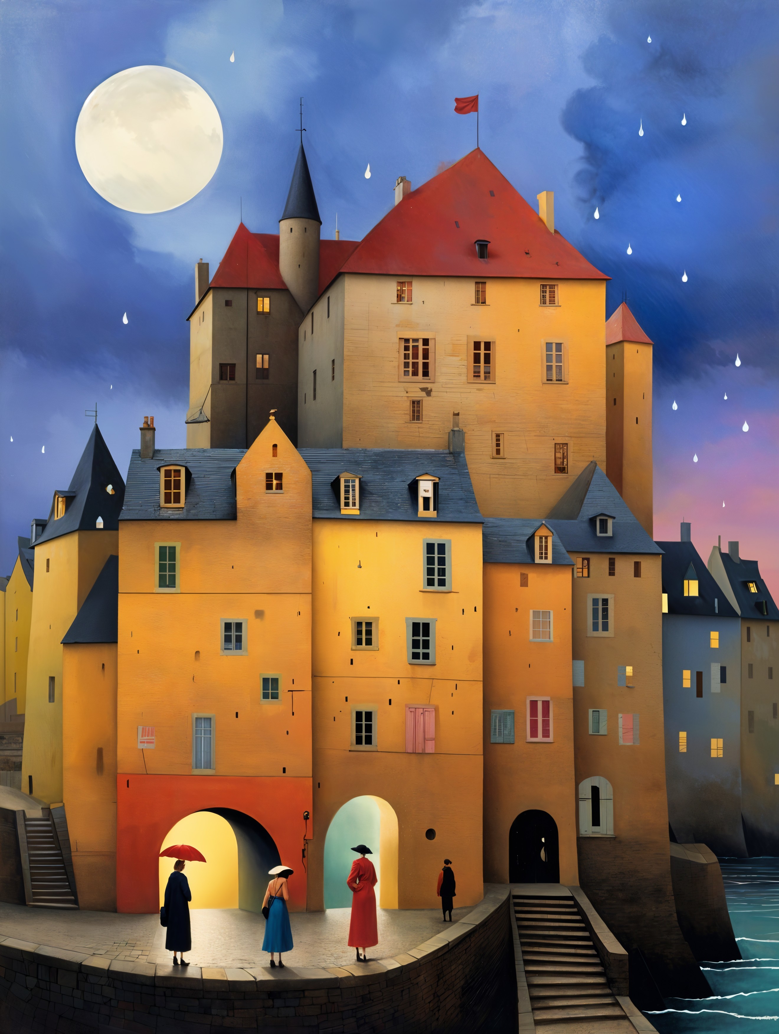 Whimsical Moonlit Castle by Waterfront with Figures