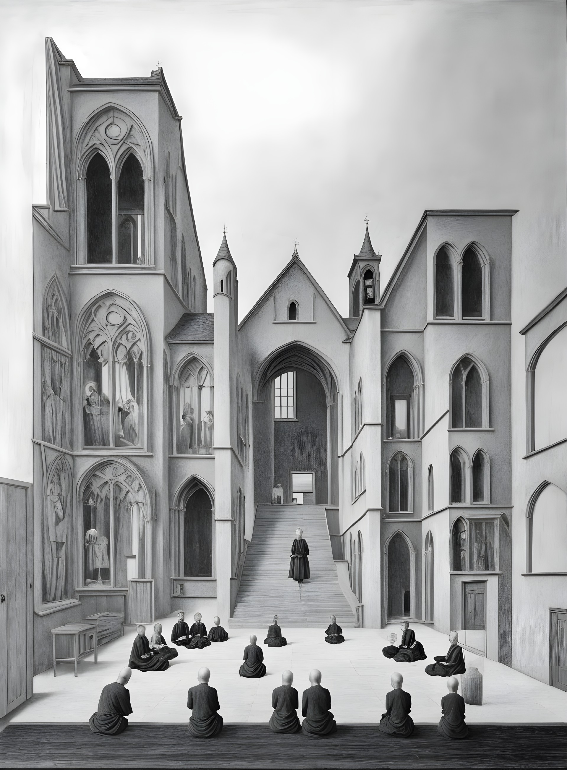 Monochromatic surreal architectural scene with robed figures and disjointed buildings.