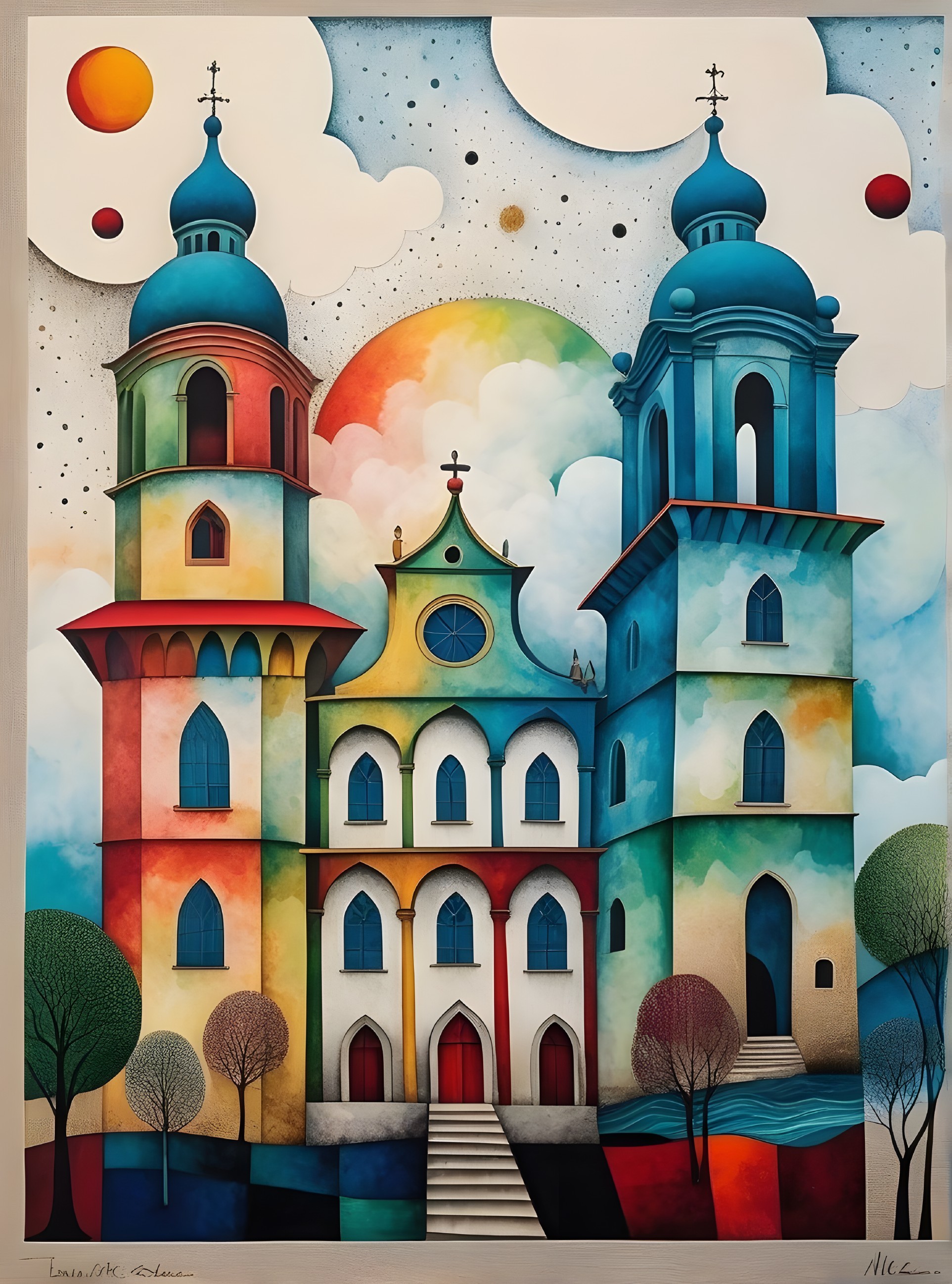 Vibrant Architectural Scene of a Church with Towers