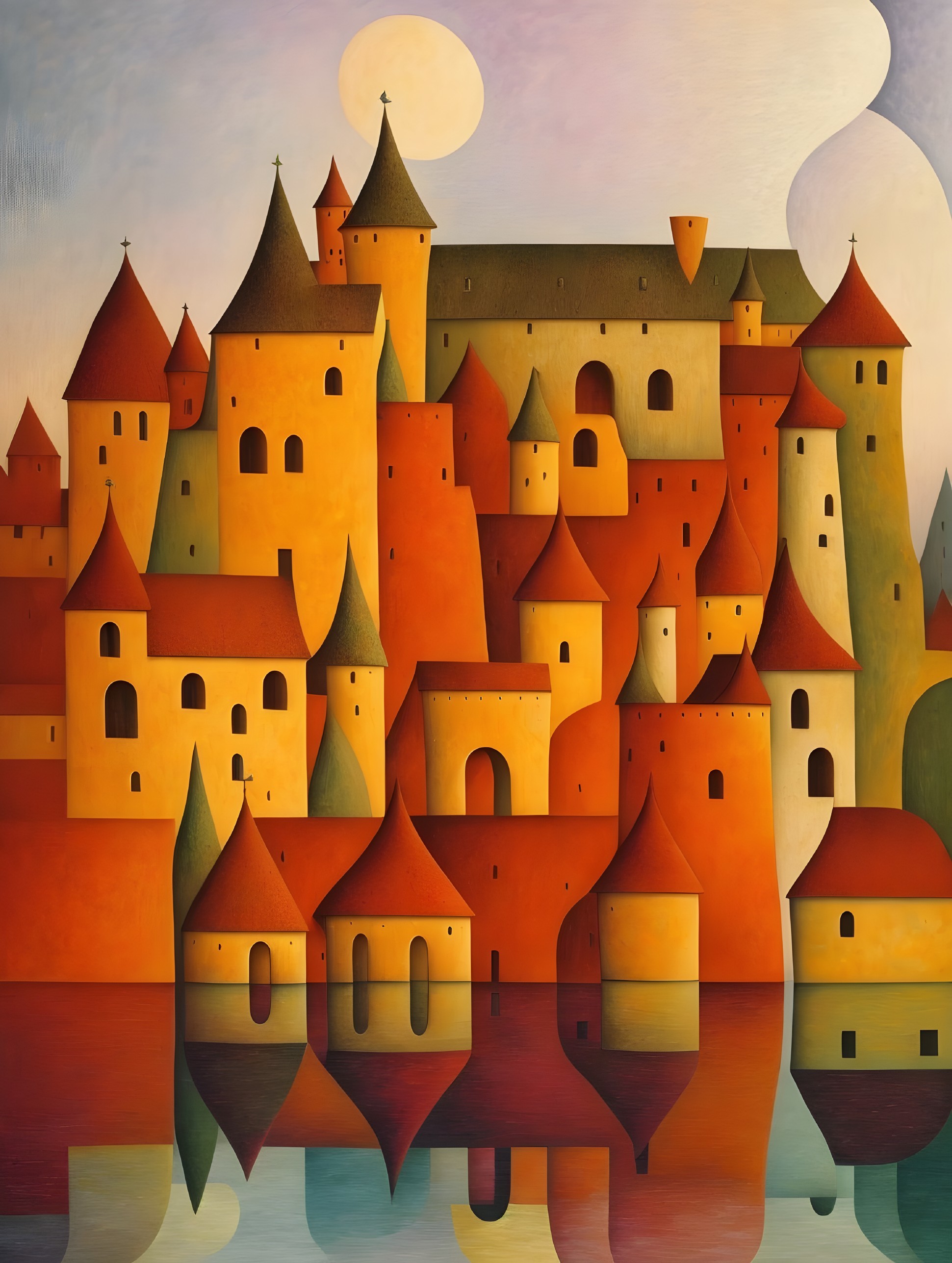 Whimsical Village with Stylized Buildings and Moon