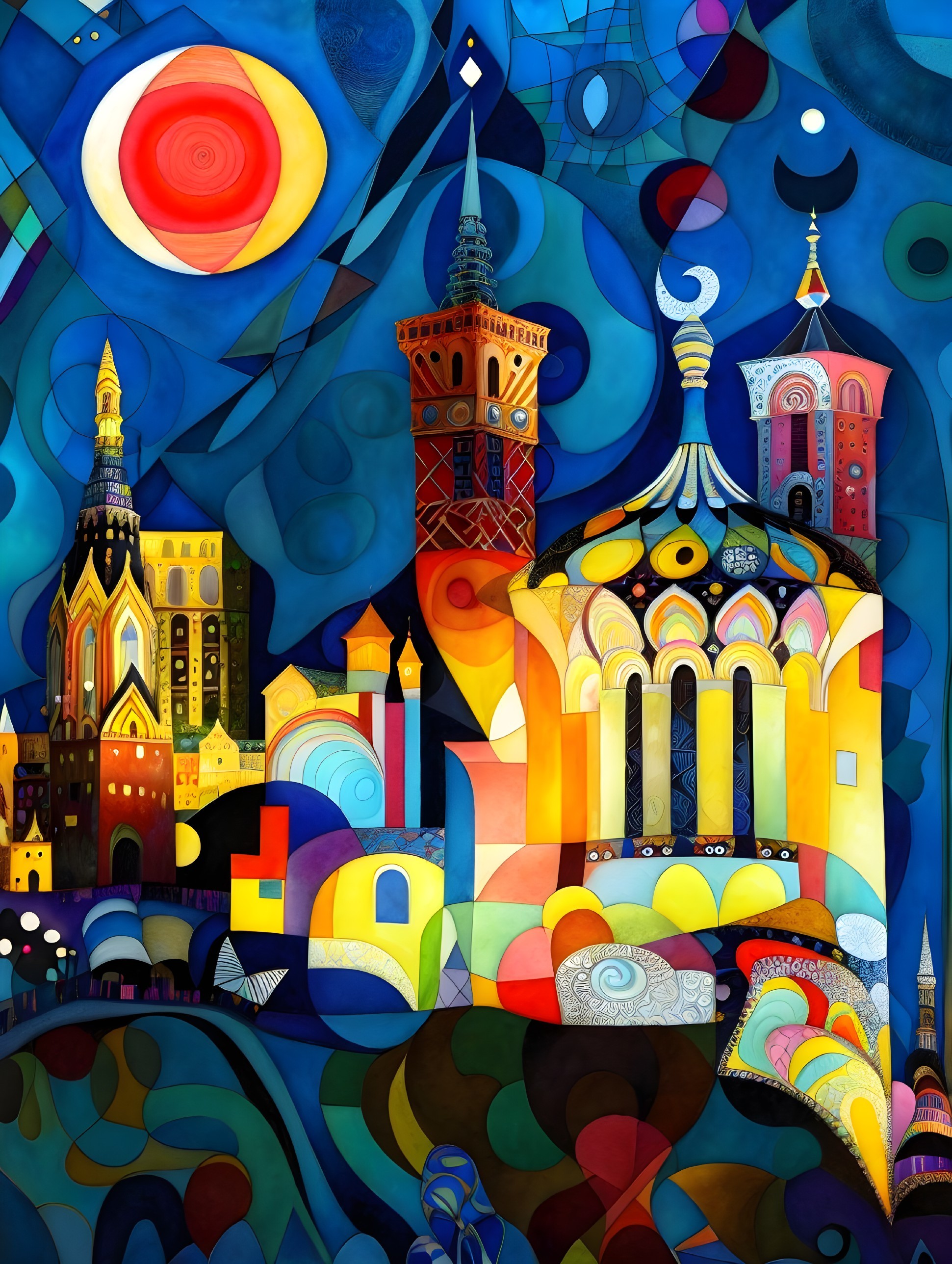 Abstract Landscape with Whimsical Architecture and Sun