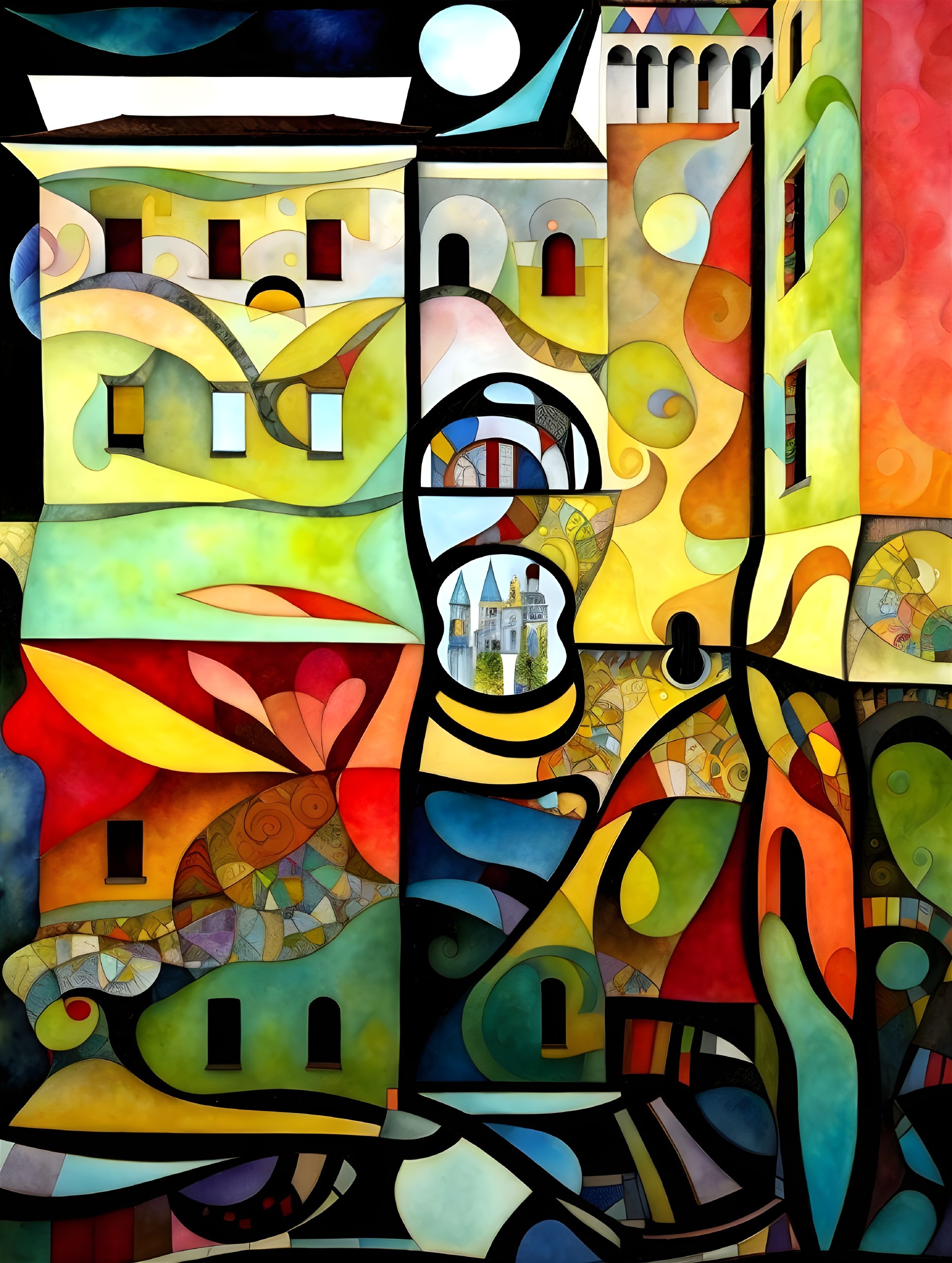 Colorful Whimsical Buildings Artwork with Abstract Shapes and Vibrant Hues