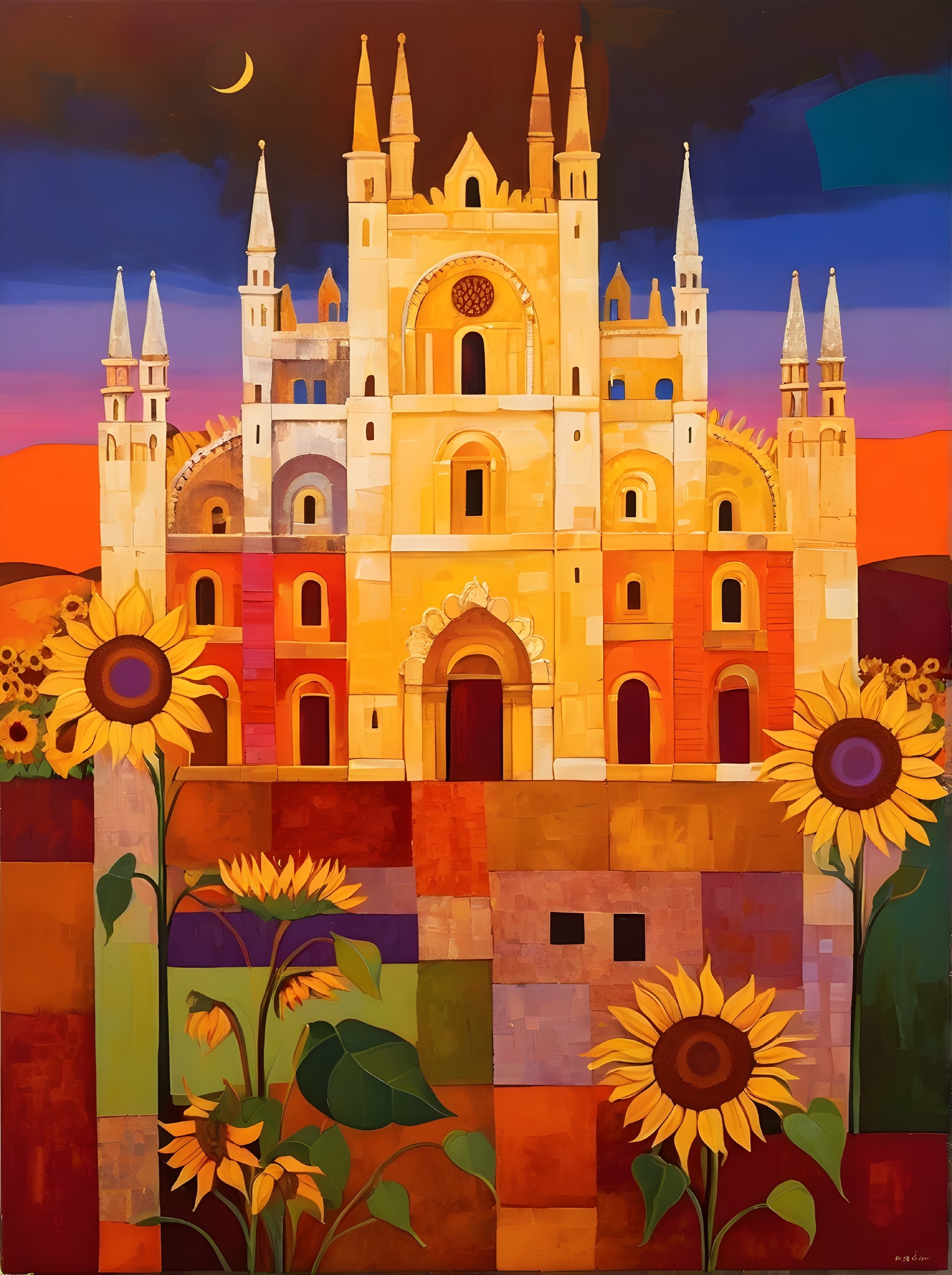 Vibrant Cathedral with Sunflowers and Sunset Sky