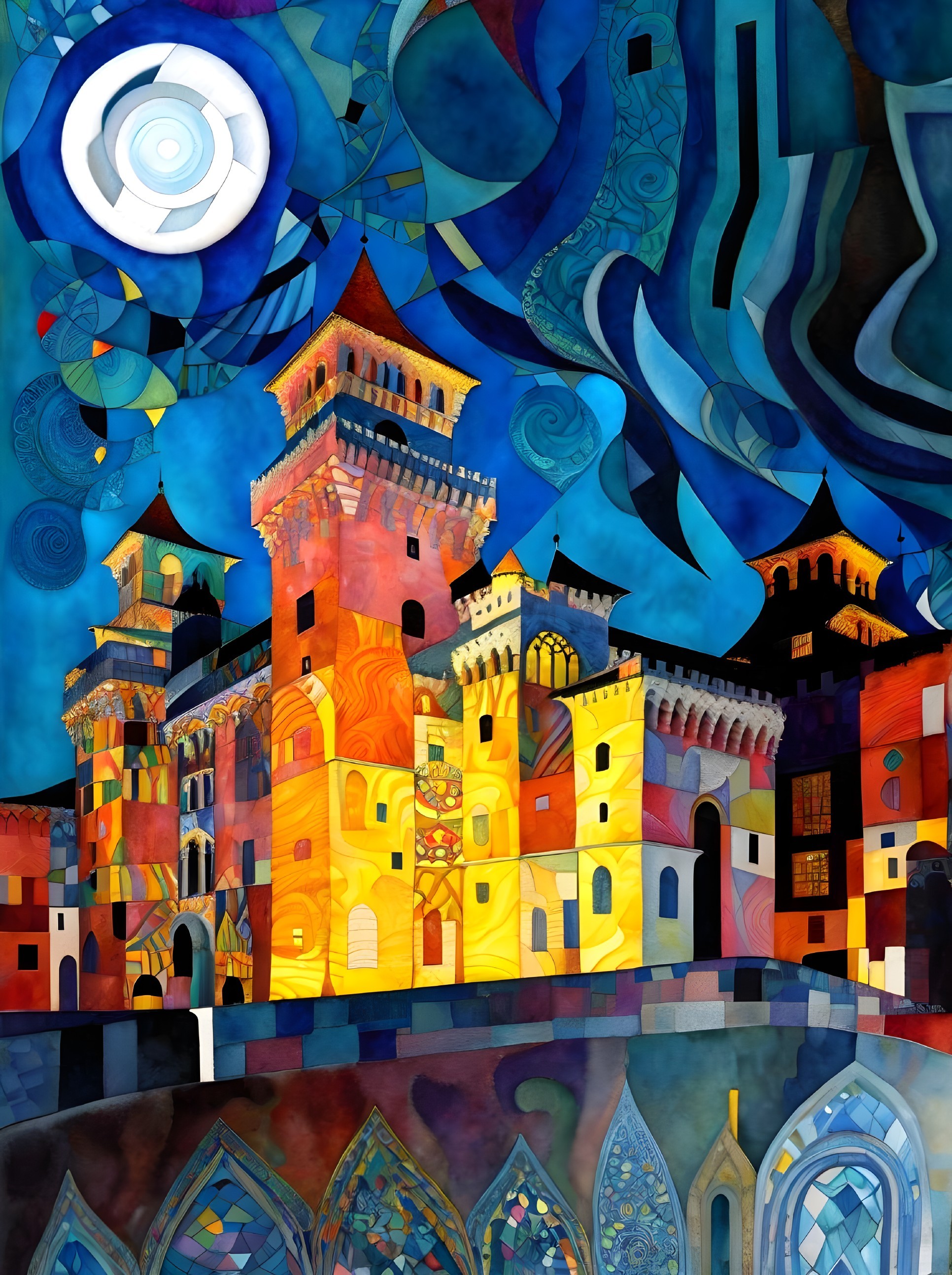 Whimsical painting of fantastical castle with vibrant hues and geometric patterns