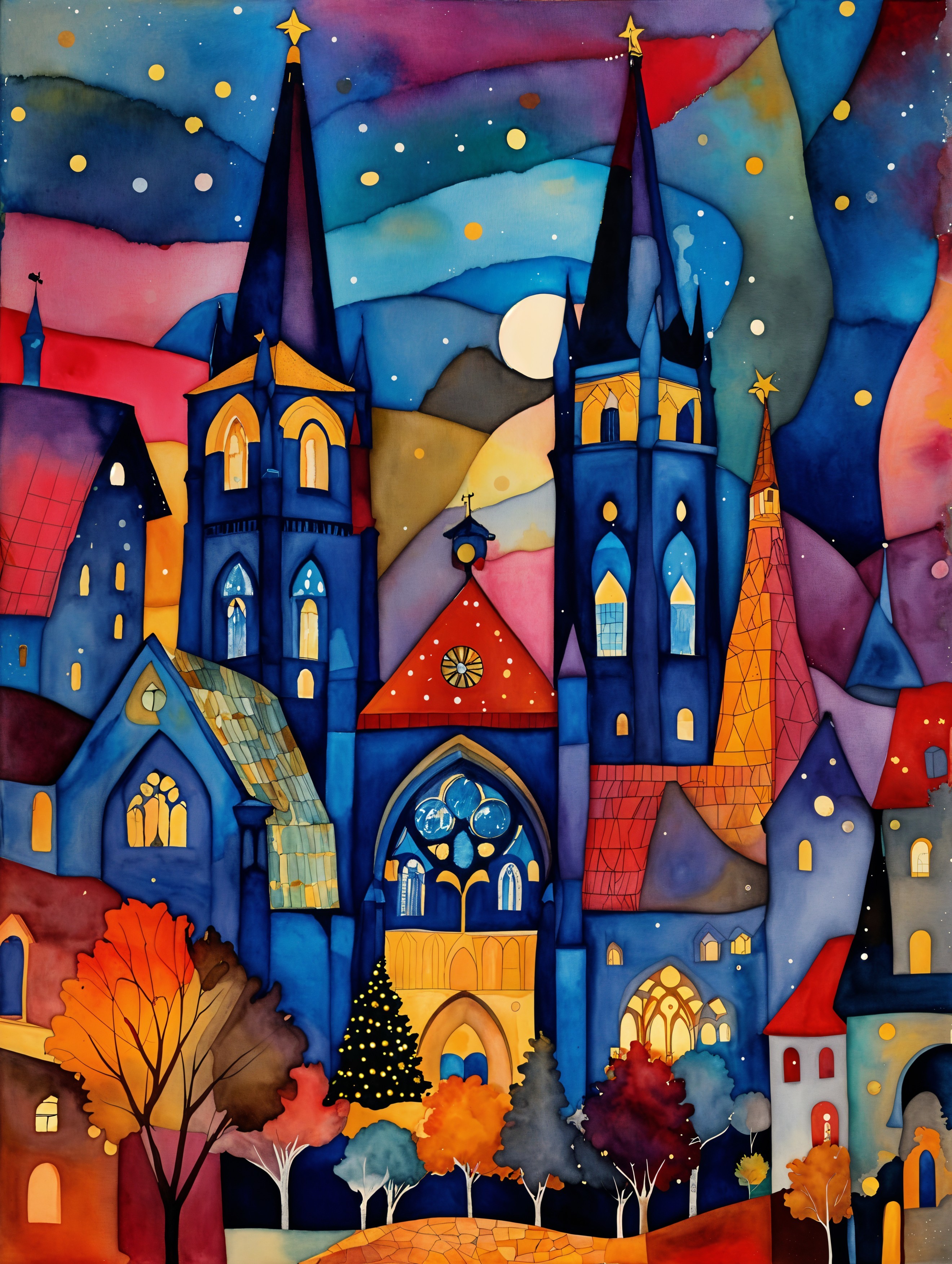 Whimsical Watercolor Skyline with Colorful Spires