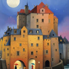Whimsical Moonlit Castle by Waterfront with Figures