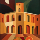 Surreal Painting of Sunlit Courtyard with Arches