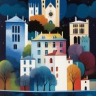 Whimsical Nighttime Town with Colorful Buildings