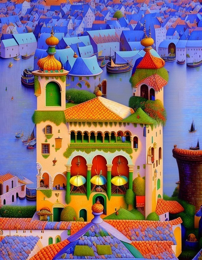 Vibrant town illustration with domed buildings by the sea