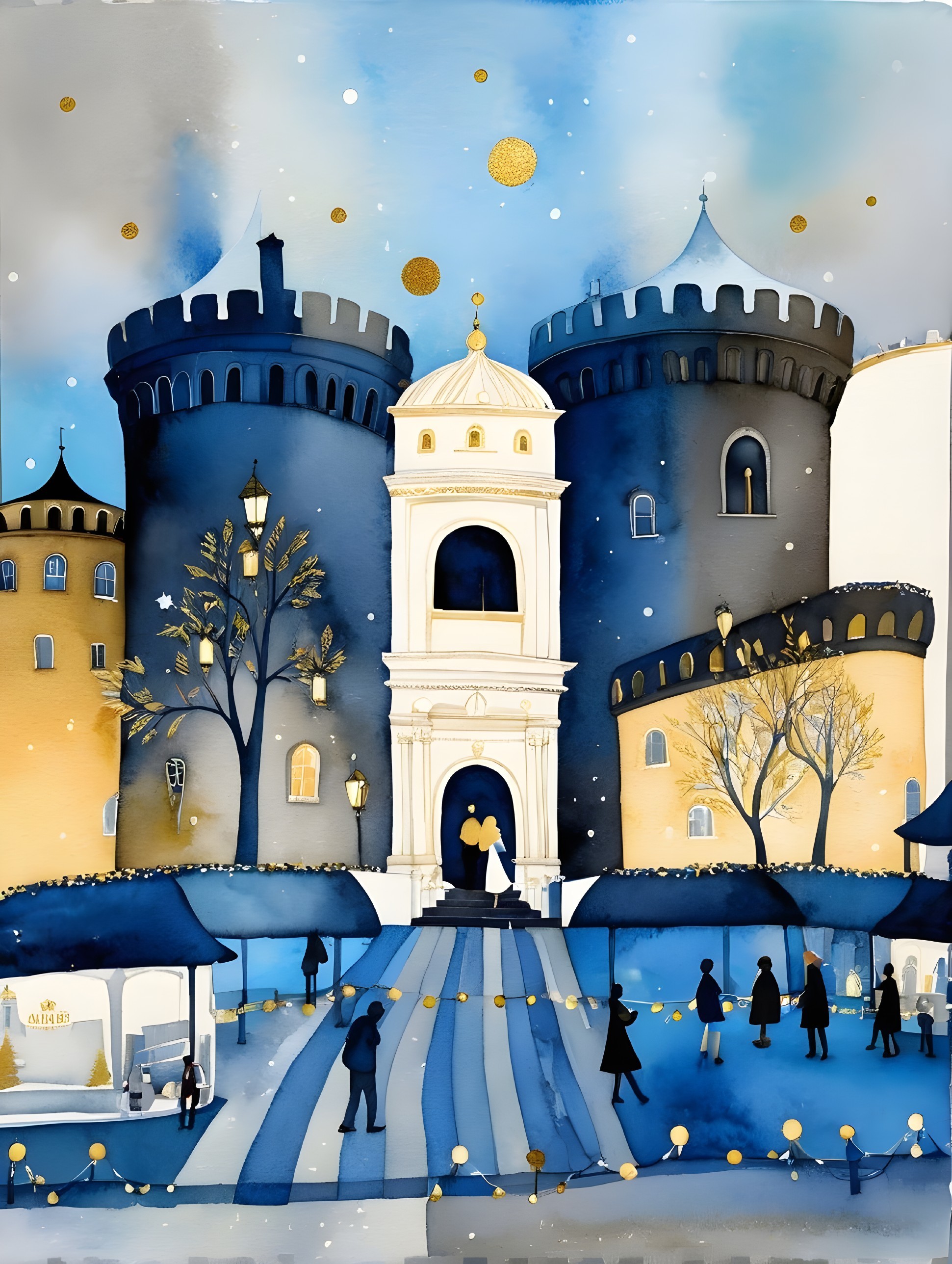 Dreamy Watercolor Scene of Castles and Plaza at Twilight