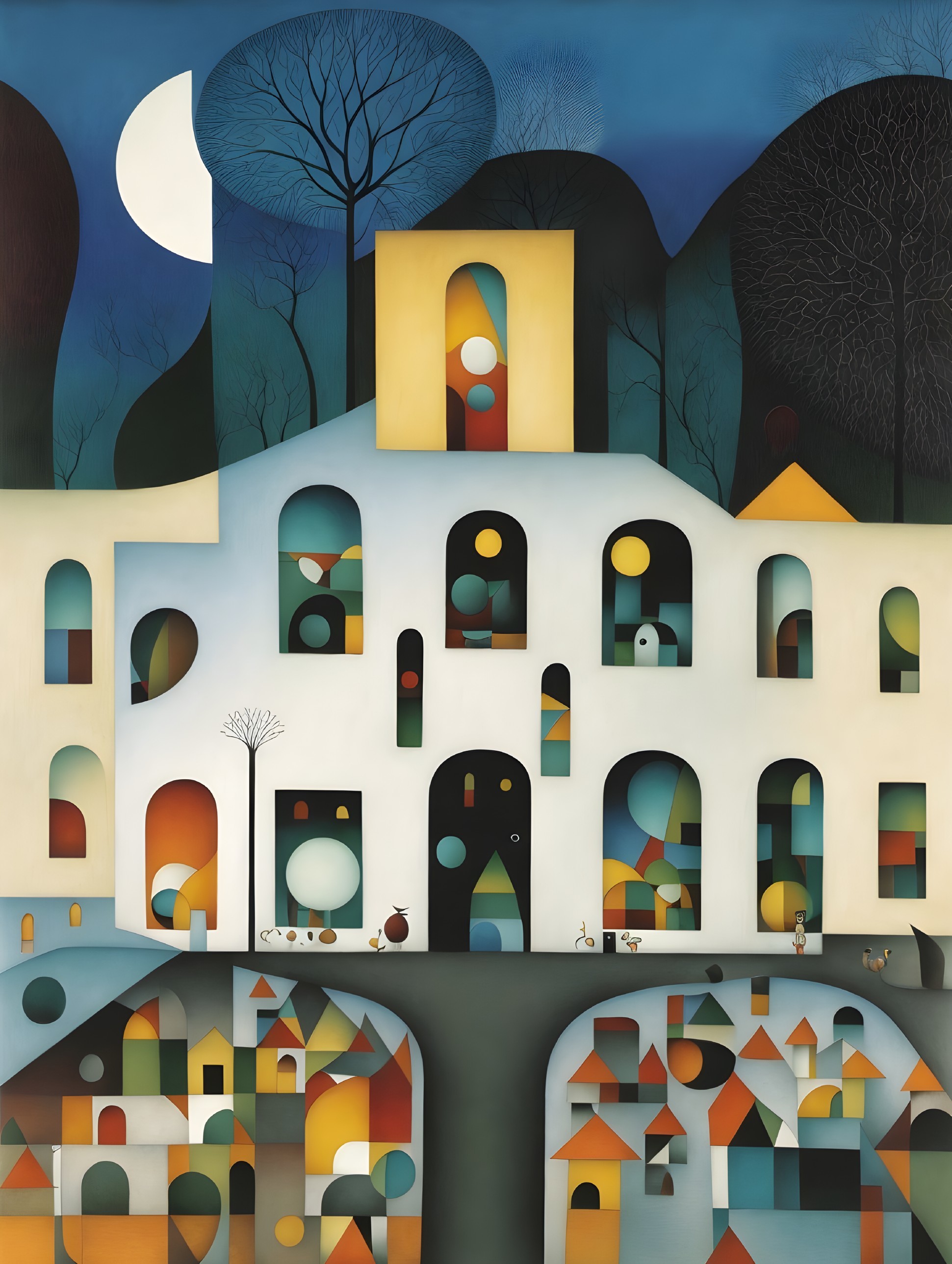 Whimsical Landscape with Colorful Building and Moon