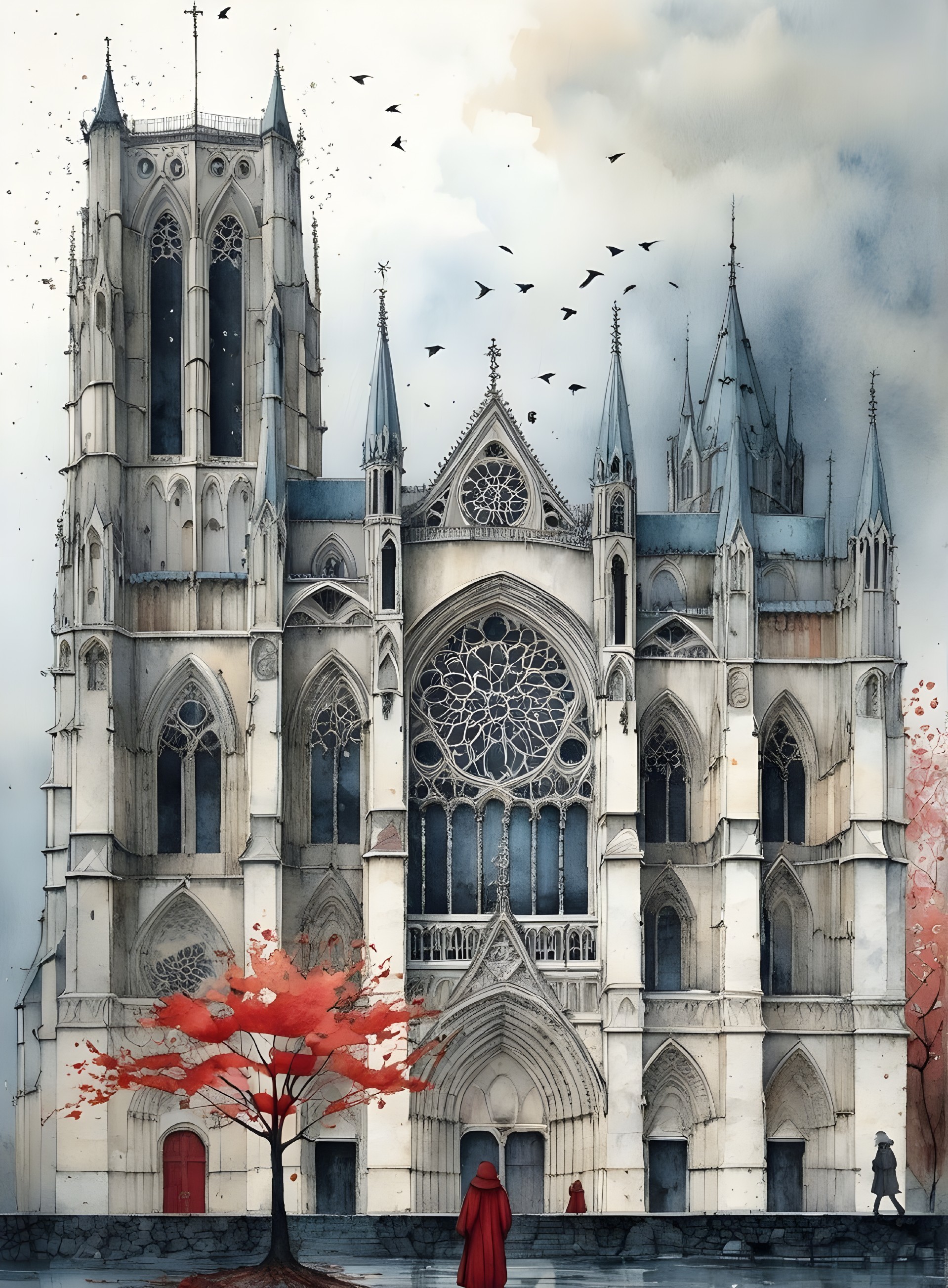 Gothic Cathedral with Vibrant Fall Foliage and Cloaked Figure