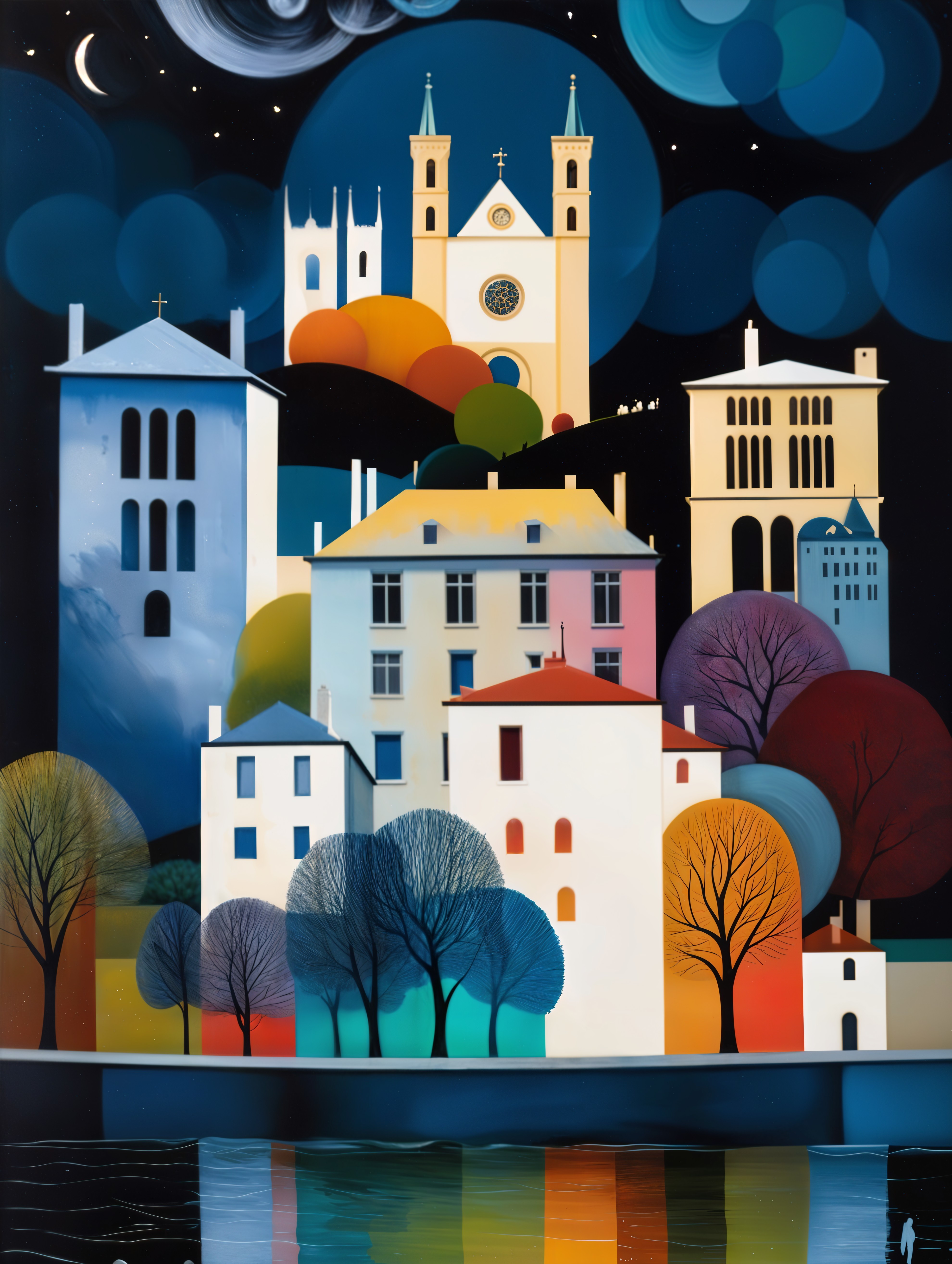 Whimsical Nighttime Town with Colorful Buildings