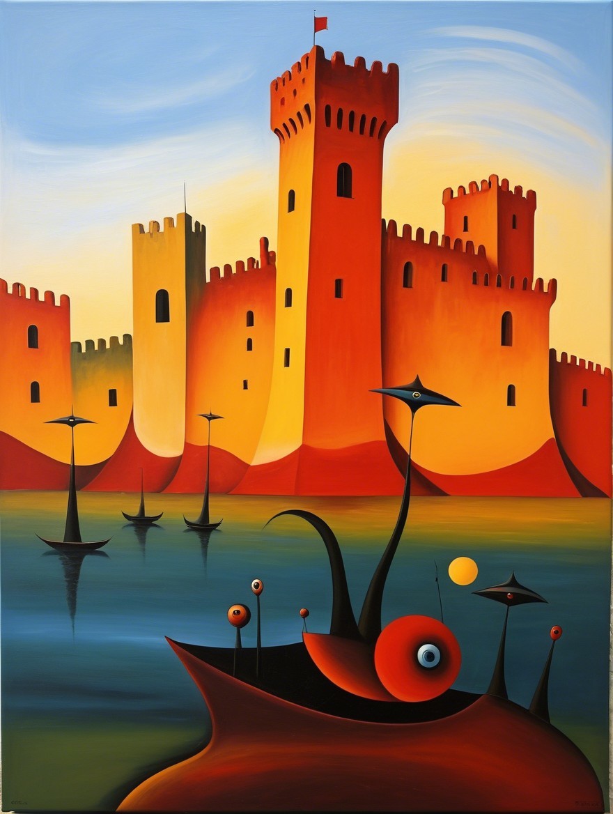 Vibrant Castle and Abstract Boats on Serene Lake