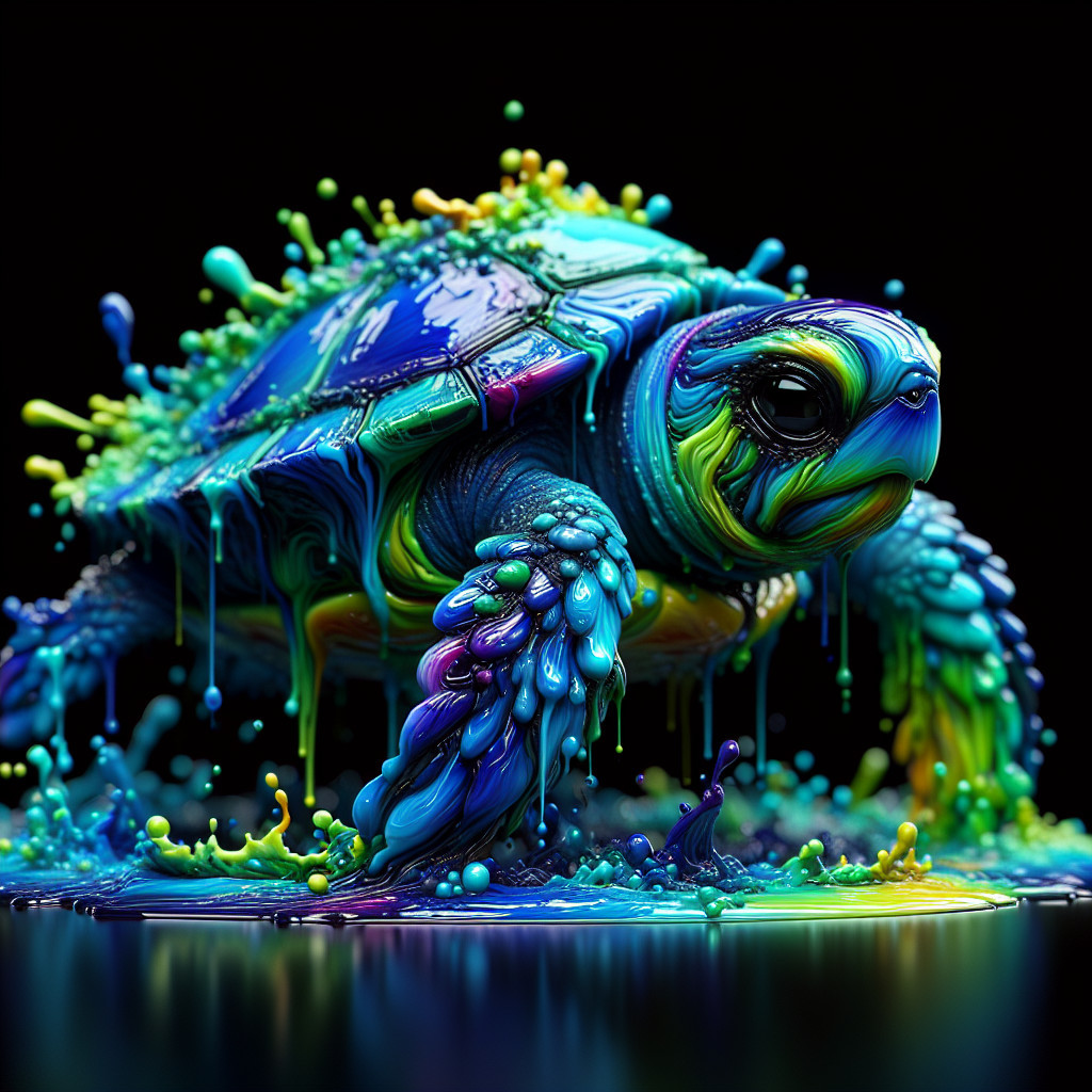 Psychedelic Turtle in Colorful Paint Pool Background