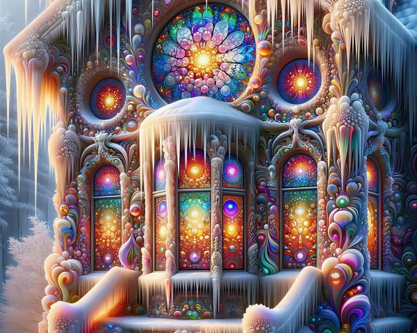 Psychedelic Snow-Covered House with Stained-Glass Windows