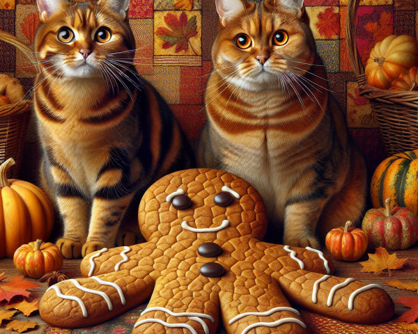 Tabby Cats and Gingerbread Man on Quilted Surface