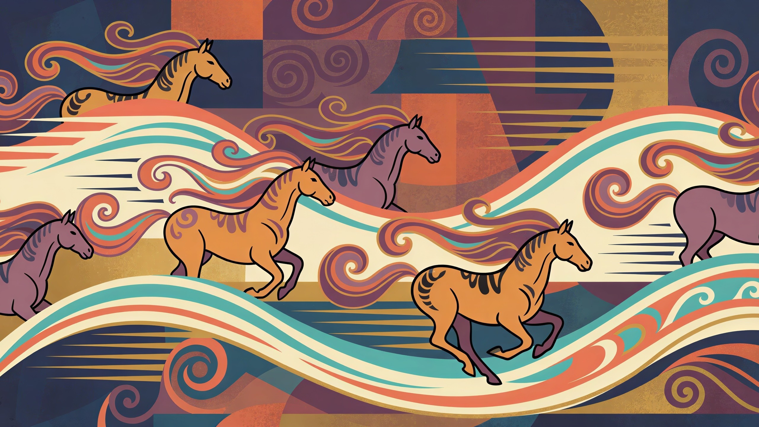 Horses Galloping in Stylized Ukiyo-e Landscape Illustration