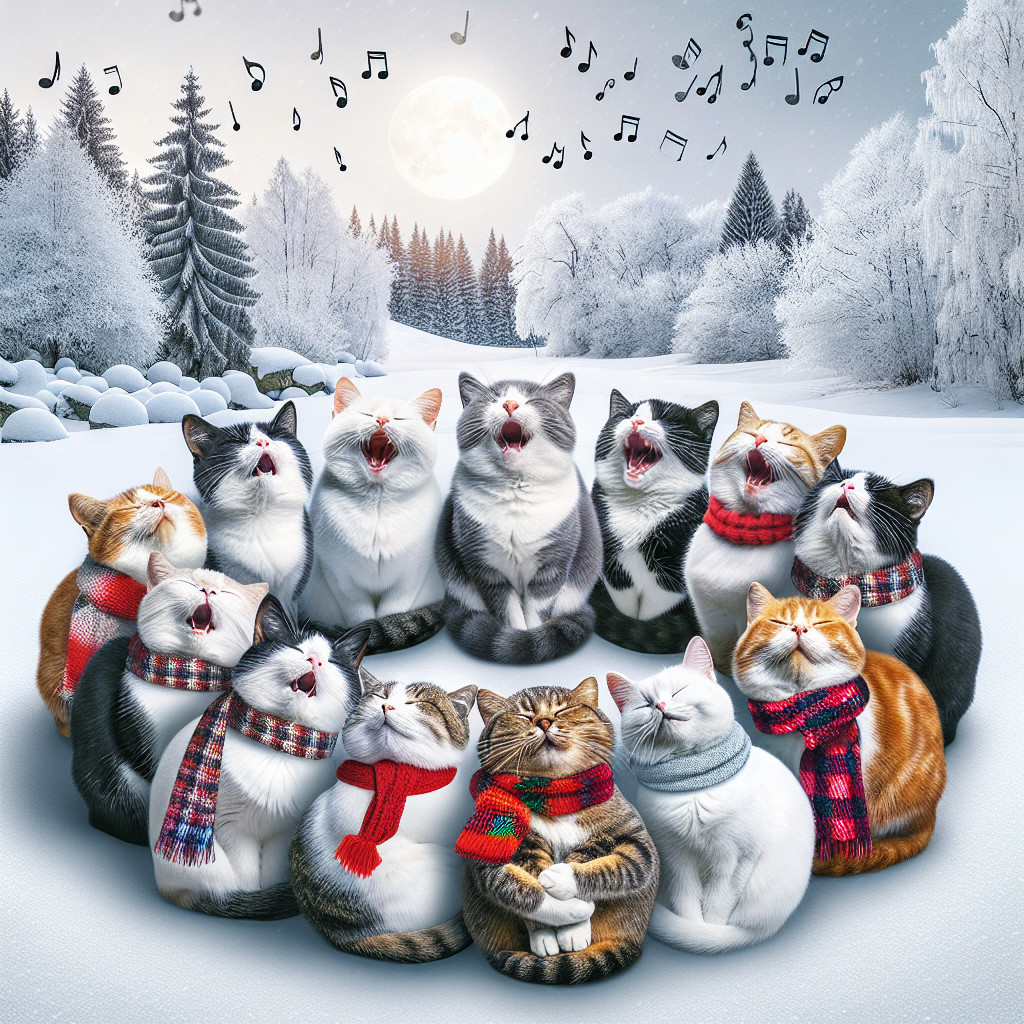 Cats in Winter Scarves Singing Carols in Snowy Forest