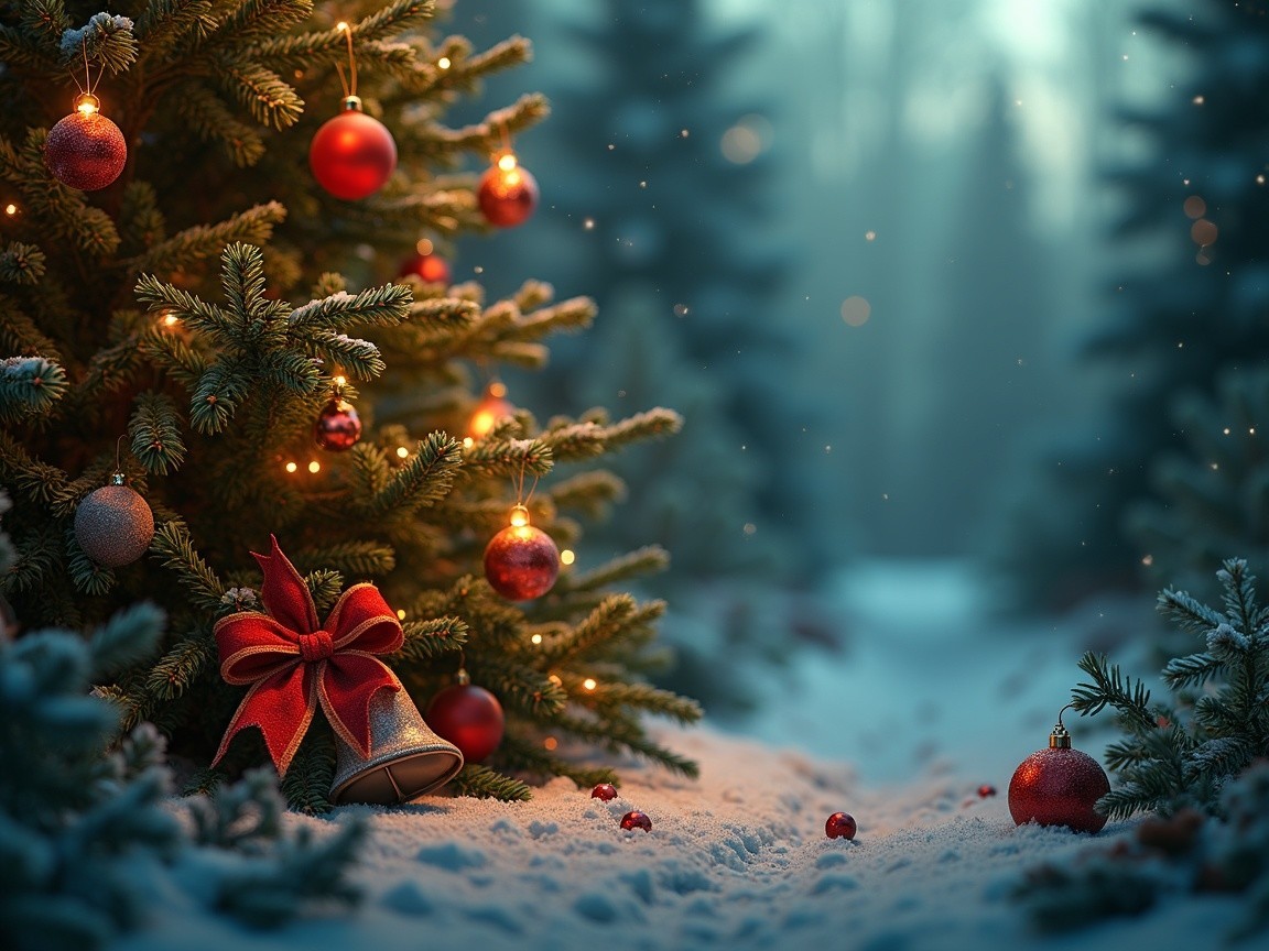 Winter Scene with Christmas Tree and Snowy Landscape