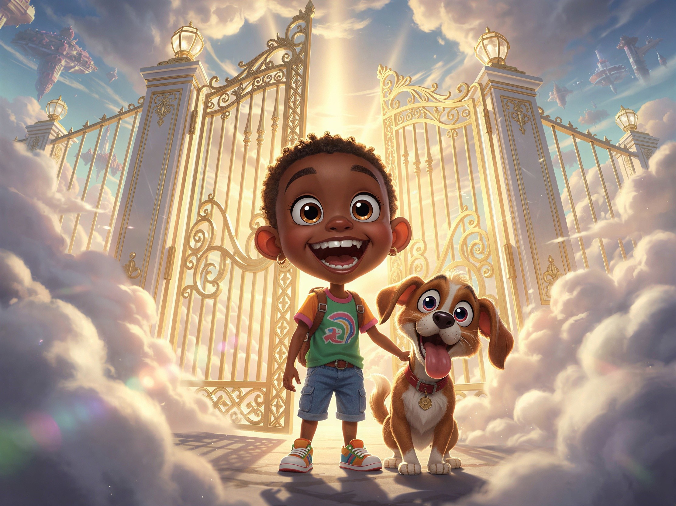 3D Animated Character and Dog at Pearly Gates