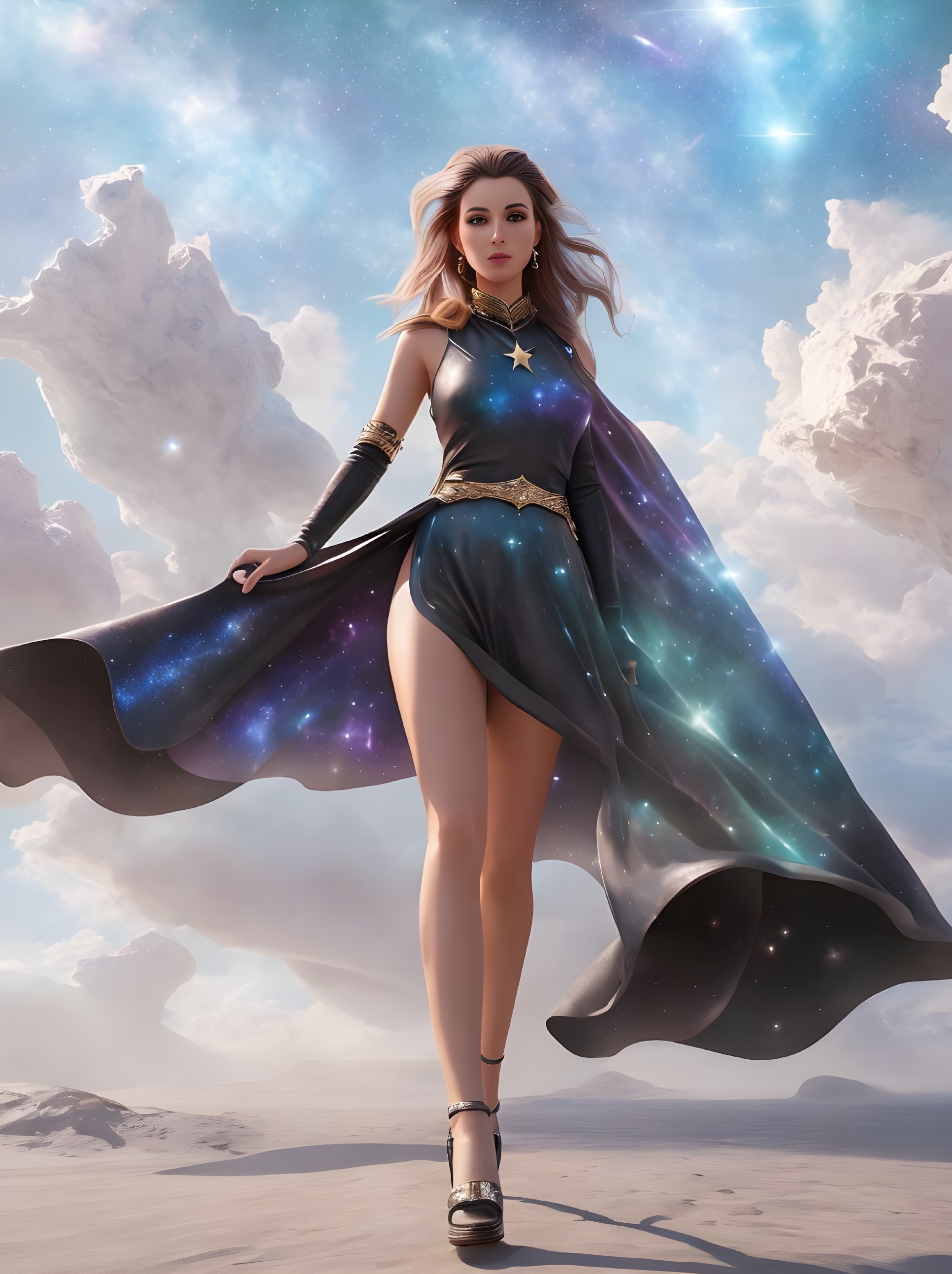 Digital artwork: Woman in cosmic superhero costume under starry sky