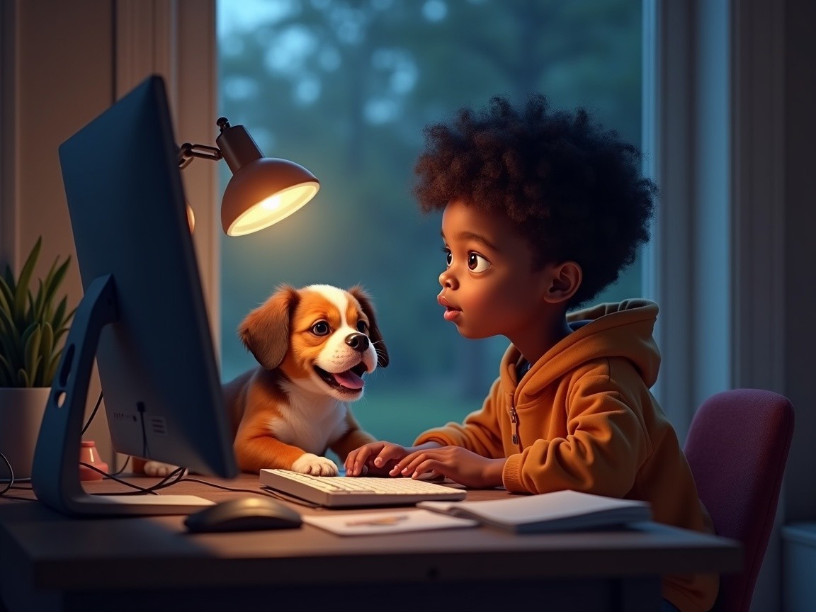 Child at Desk with Puppy in Cozy Indoor Setting