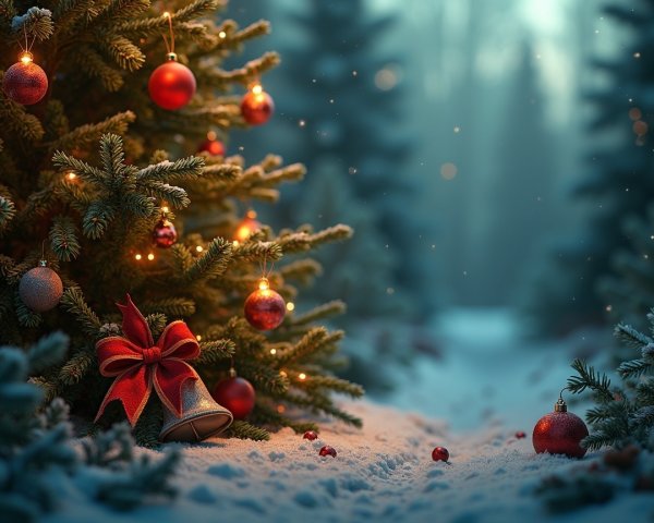 Winter Scene with Christmas Tree and Snowy Landscape