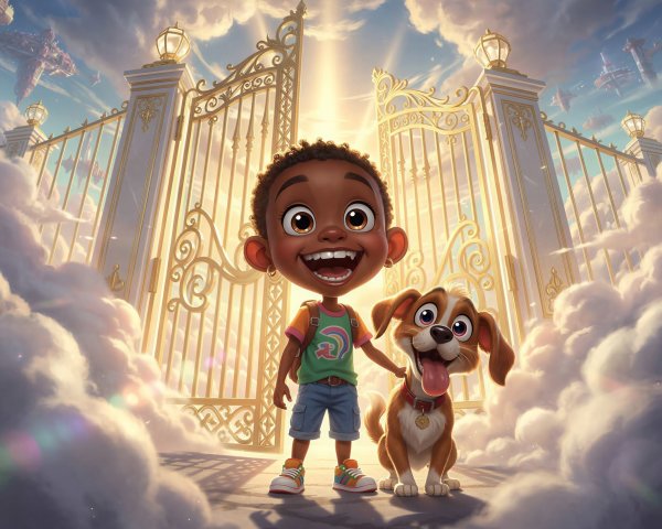 3D Animated Character and Dog at Pearly Gates