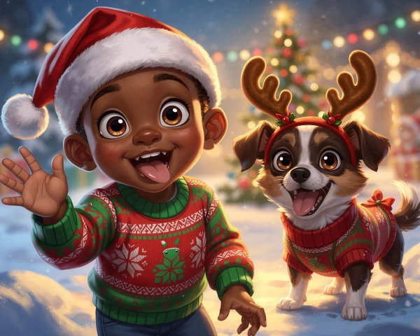 Young boy and puppy in whimsical winter scene