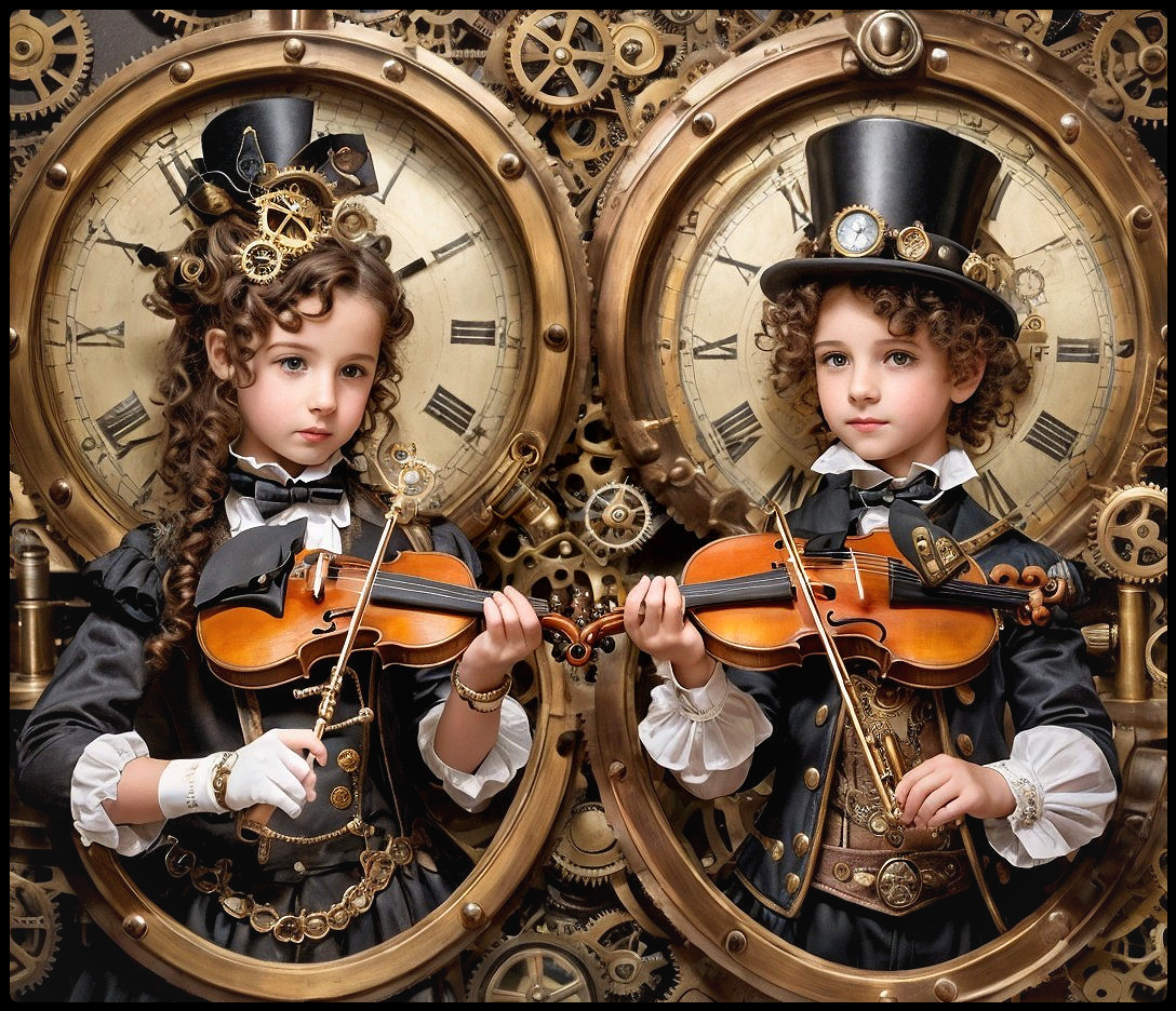 Stylish Steampunk Girls with Violins in Vintage Setting