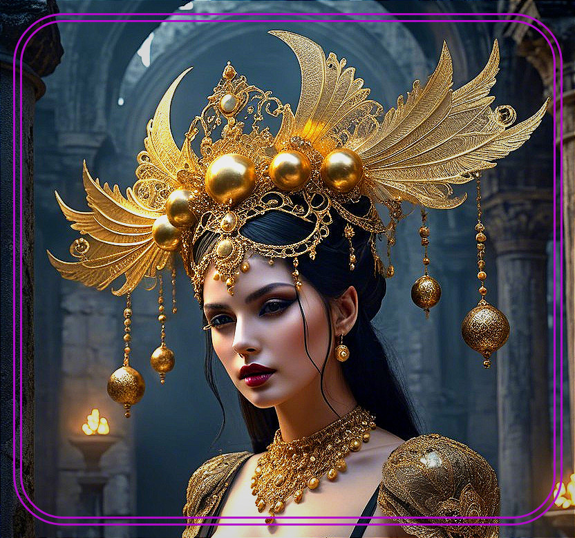 Elaborate Golden Headdress and Regal Gown Description