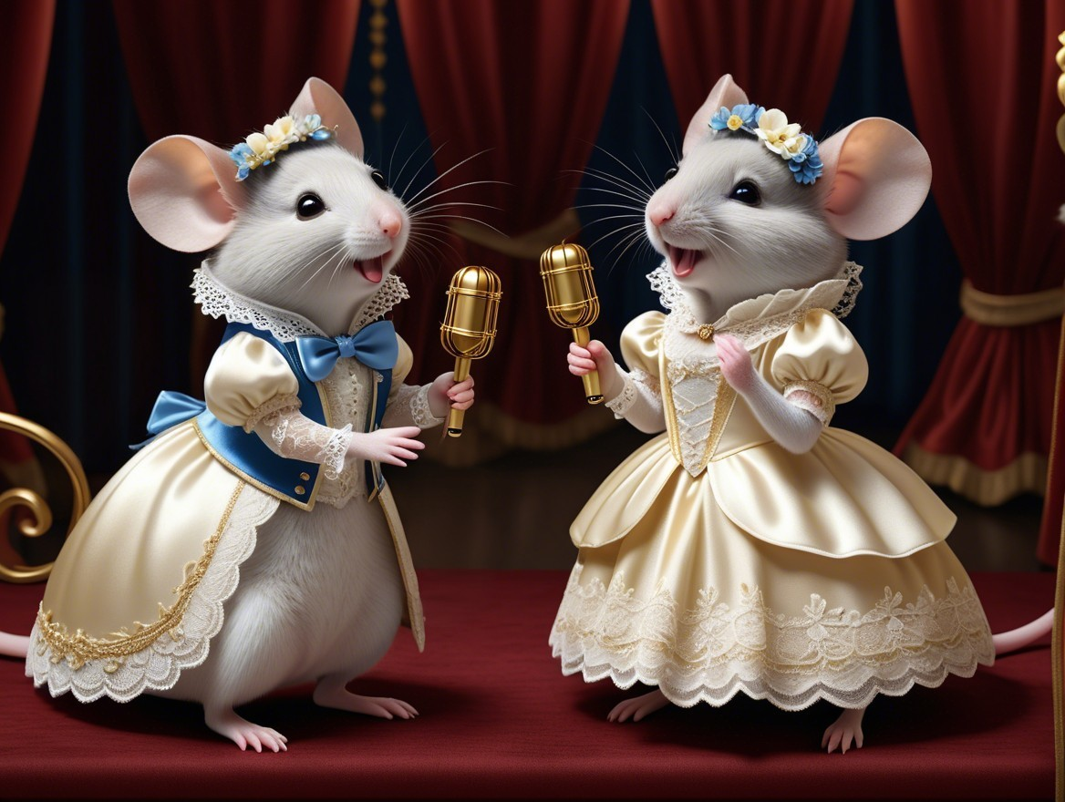 Animated Mice in Elegant Gowns on Stage