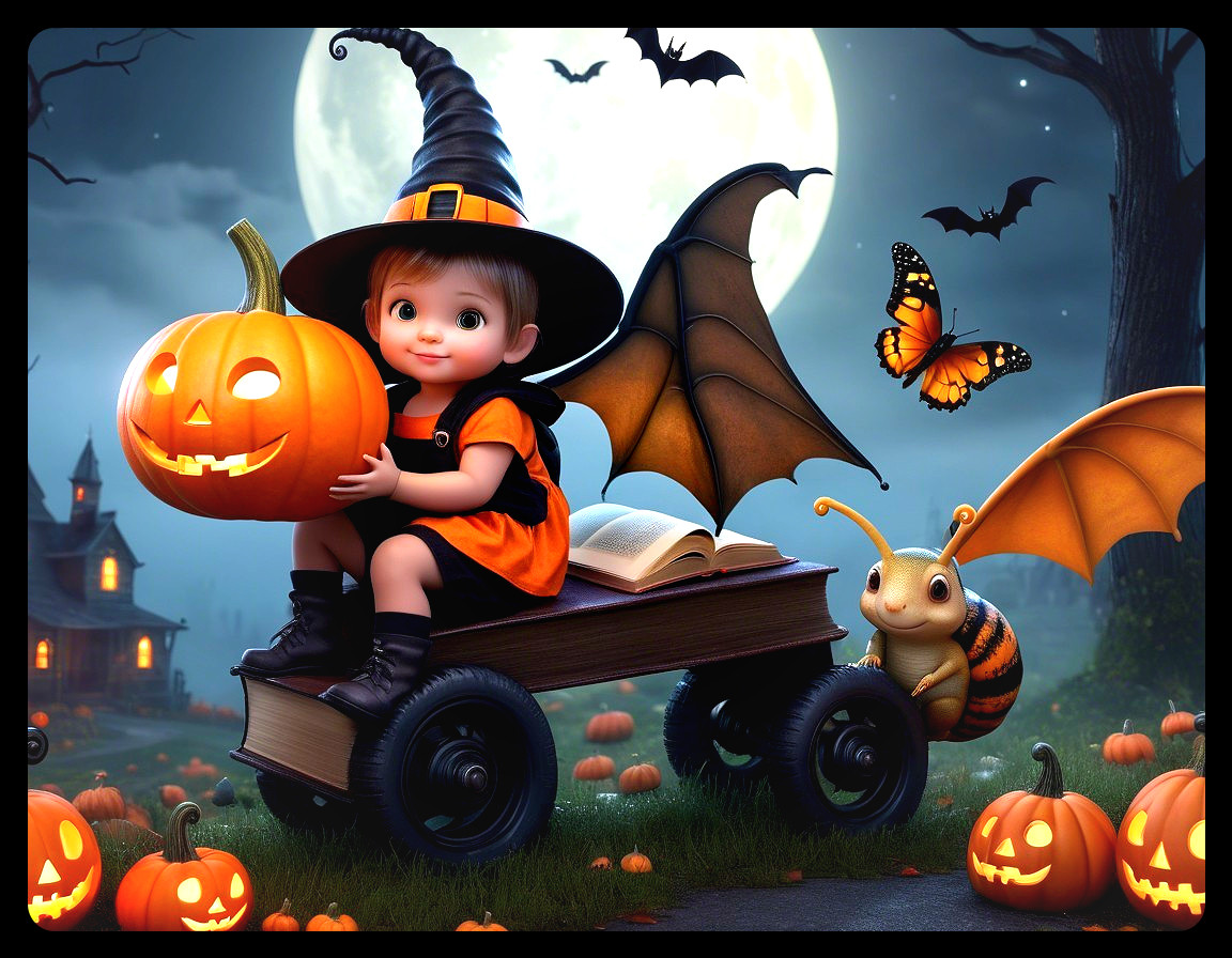 Whimsical Halloween Scene with Child and Pumpkins