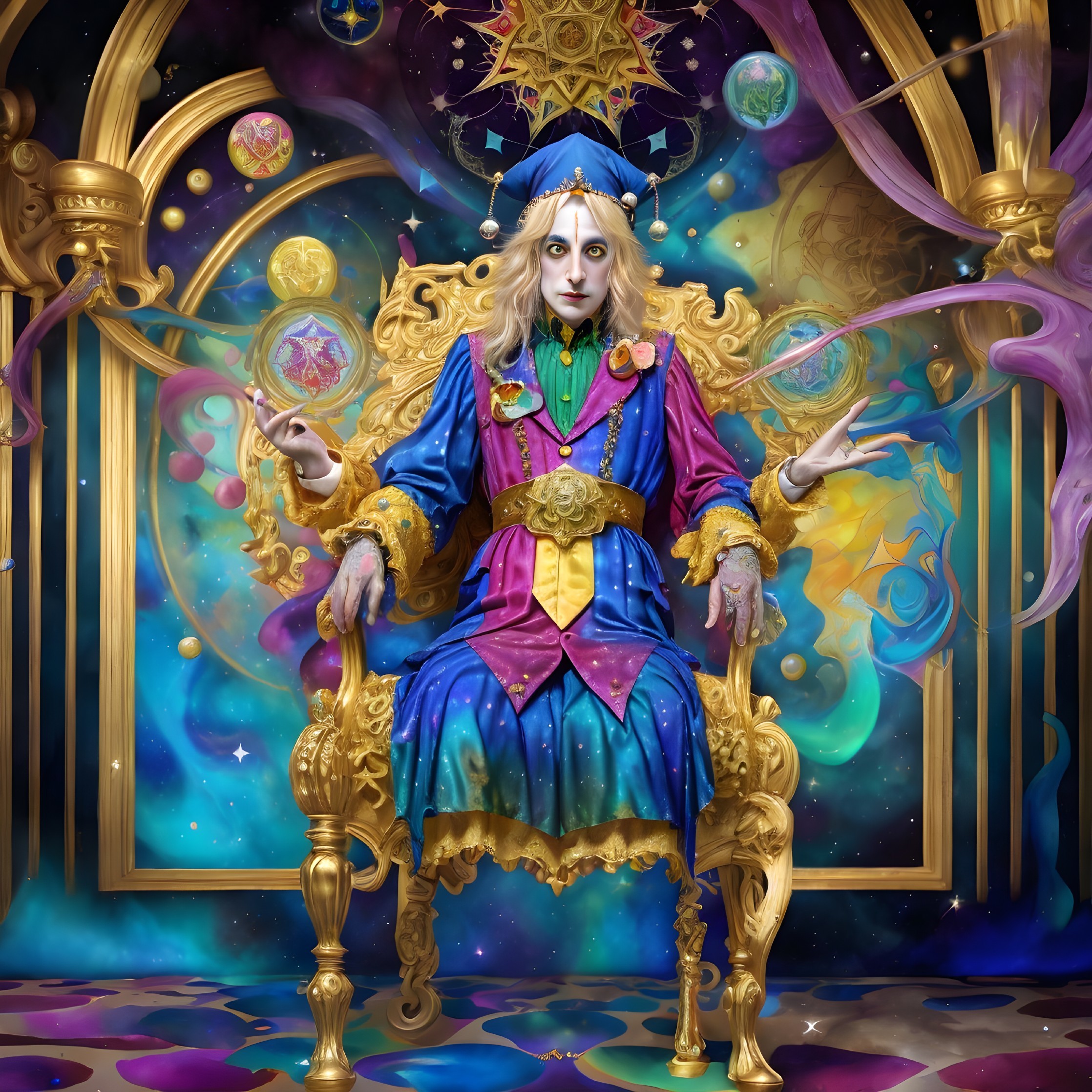 Regal Figure on Ornate Golden Throne in Cosmic Setting