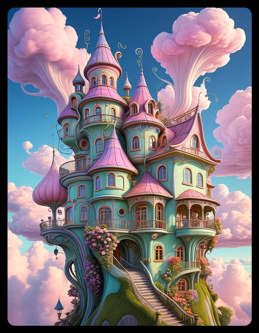 Whimsical Castle Surrounded by Pink Clouds and Smoke