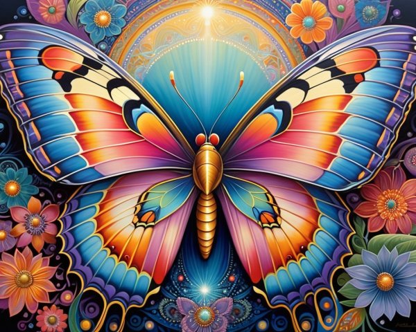 Kaleidoscopic Butterfly Surrounded by Colorful Flowers