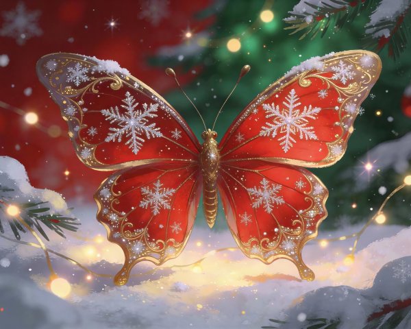 Close-Up of a Red Butterfly with Gold and Snowflakes