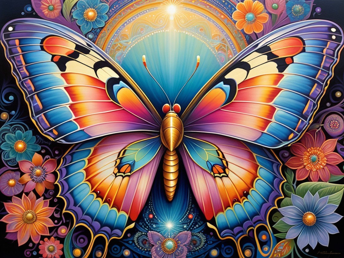 Kaleidoscopic Butterfly Surrounded by Colorful Flowers