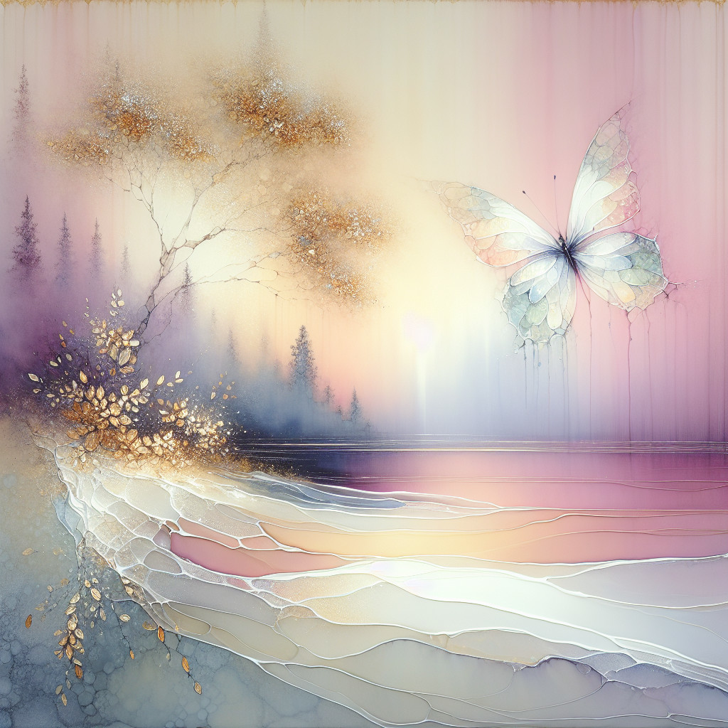Serene Pastel Landscape with Riverbank and Butterfly