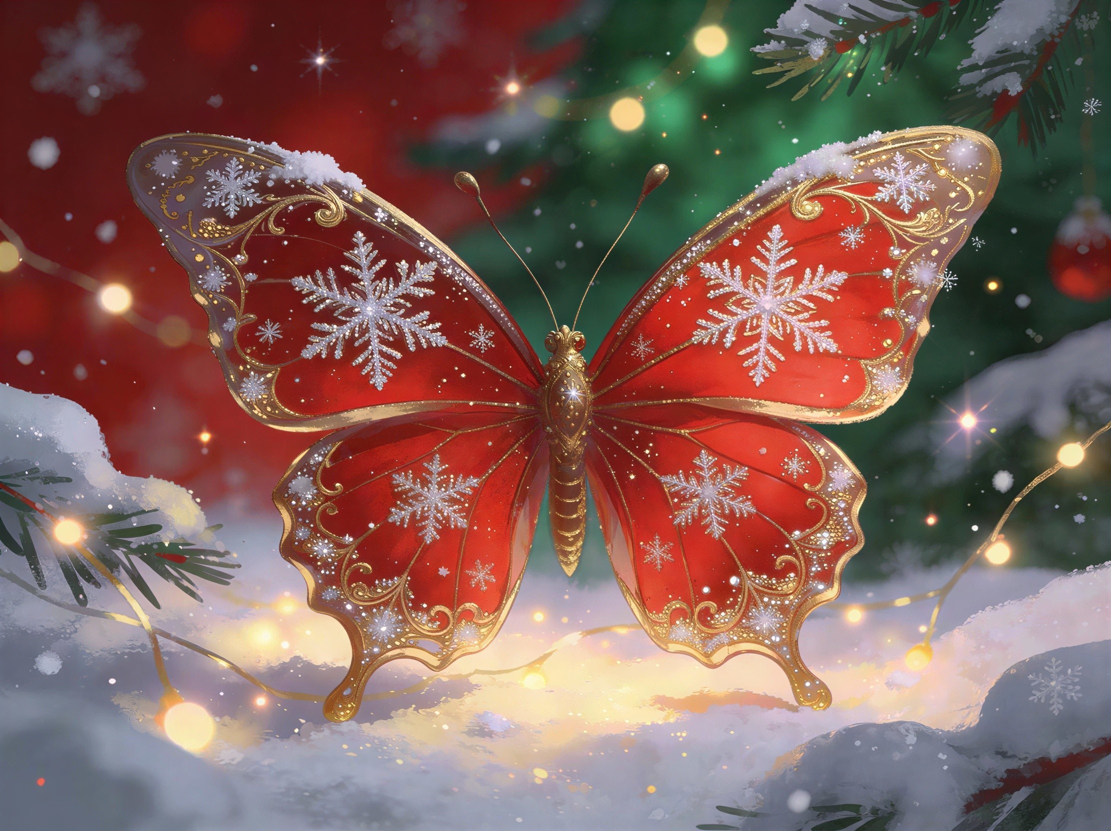 Close-Up of a Red Butterfly with Gold and Snowflakes