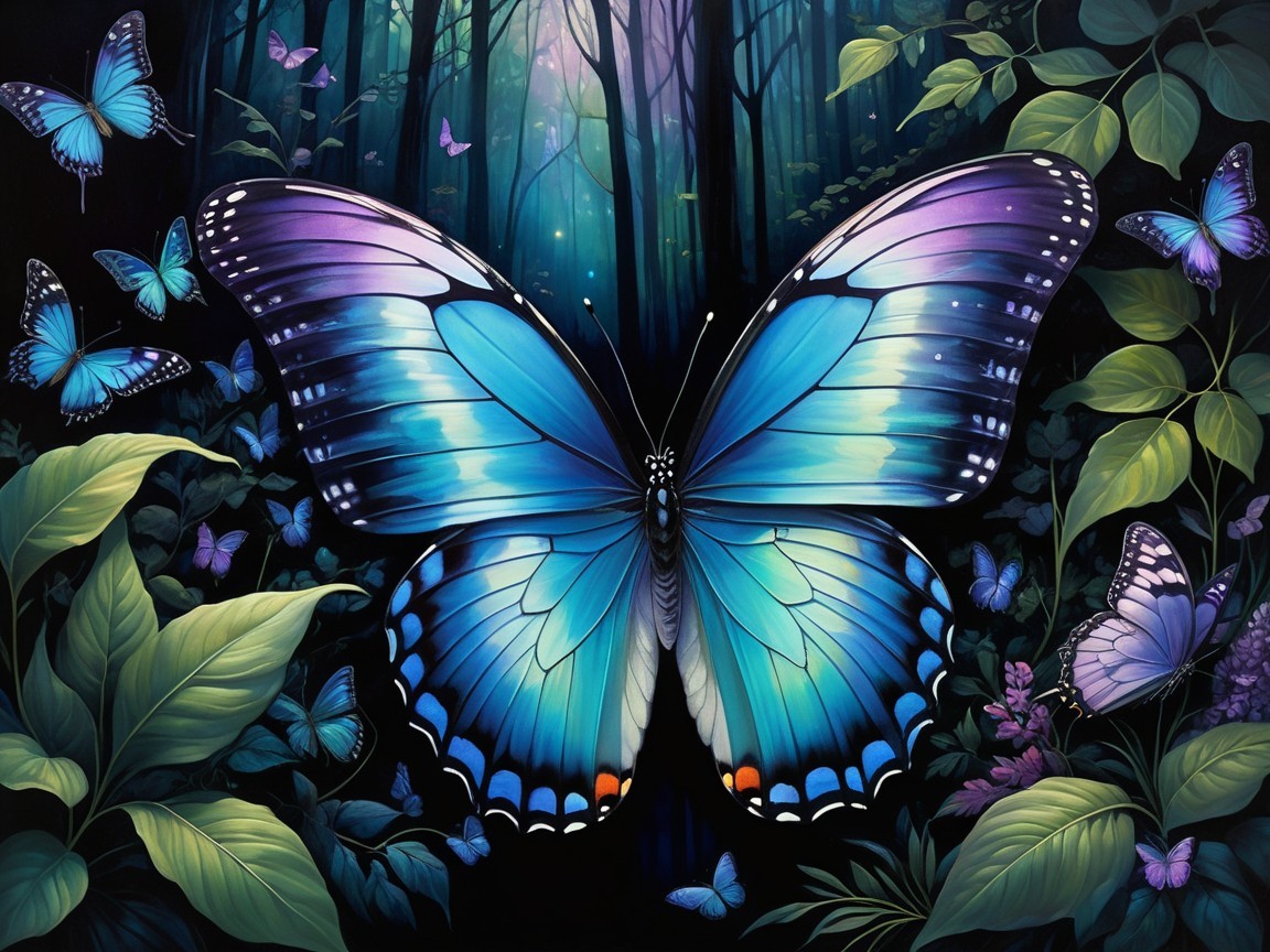 Mystical Night Forest with Iridescent Butterflies