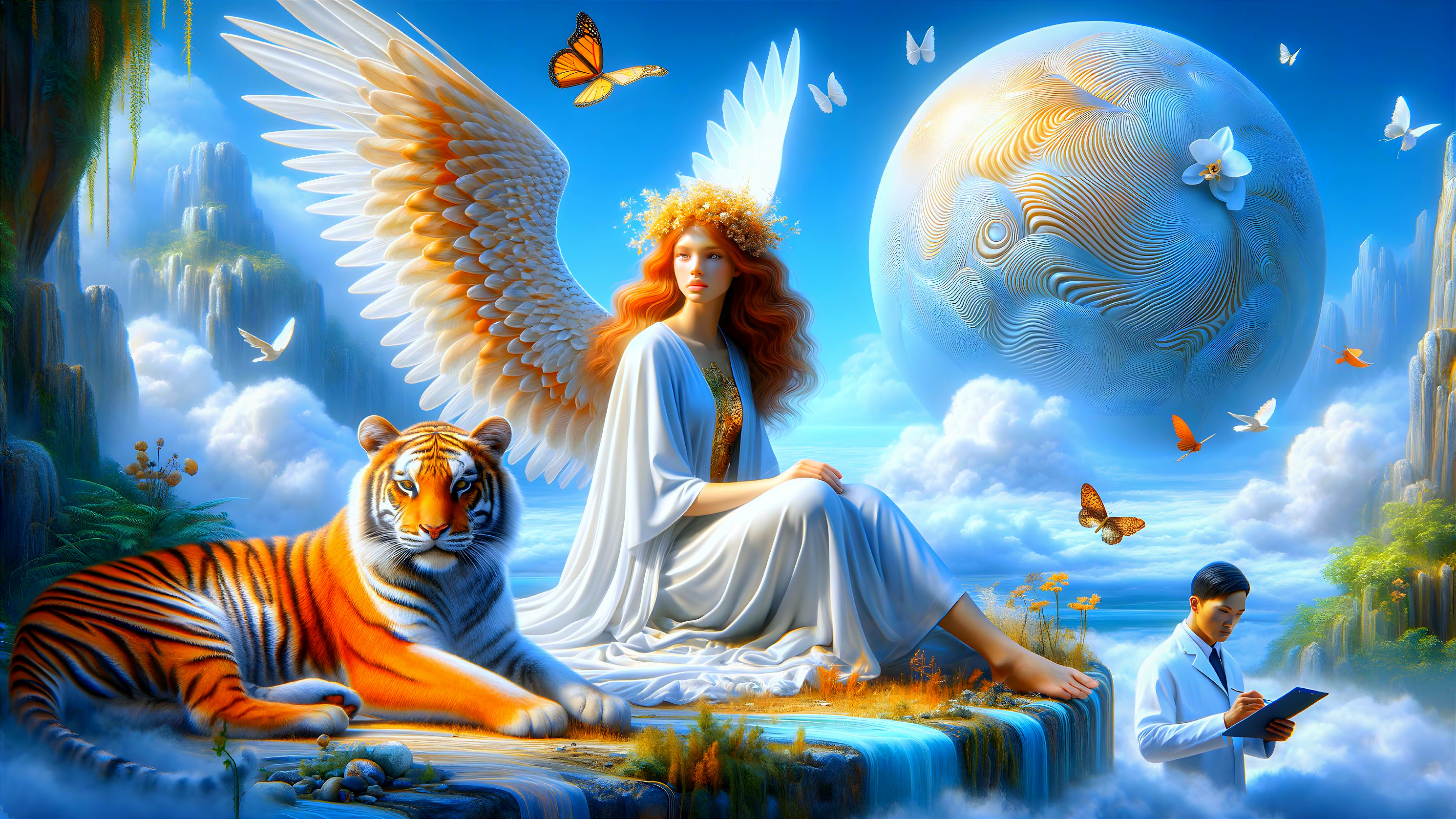 Ethereal Woman and Tiger in a Mystical Landscape