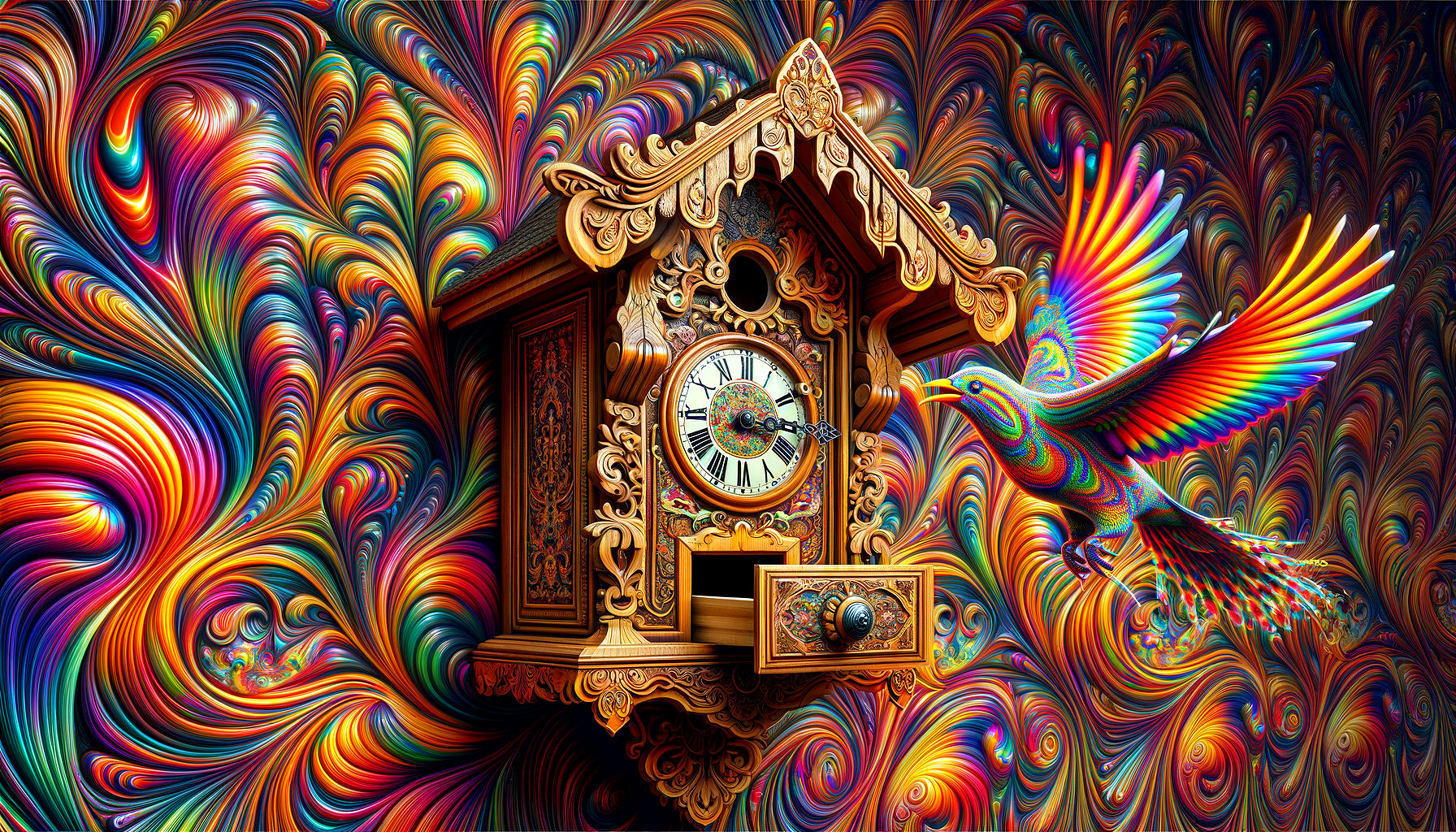 Ornate Wooden Cuckoo Clock with Vibrant Psychedelic Bird