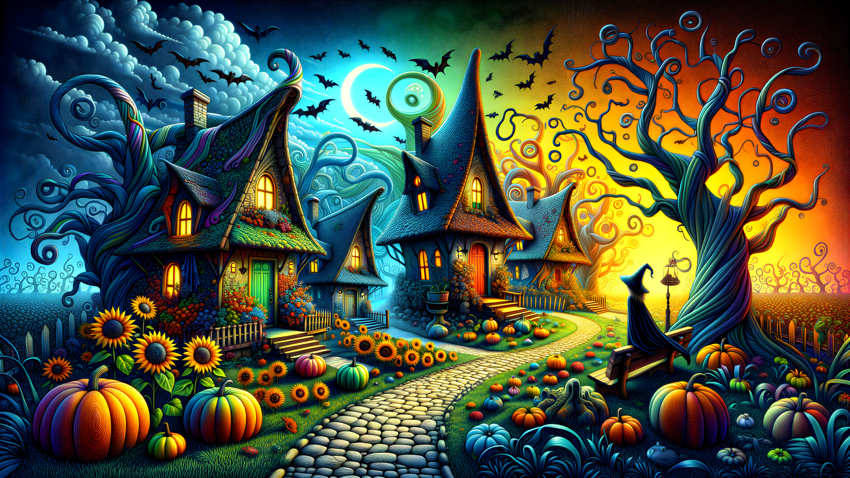 Whimsical Halloween Scene with Crooked Houses and Pumpkins
