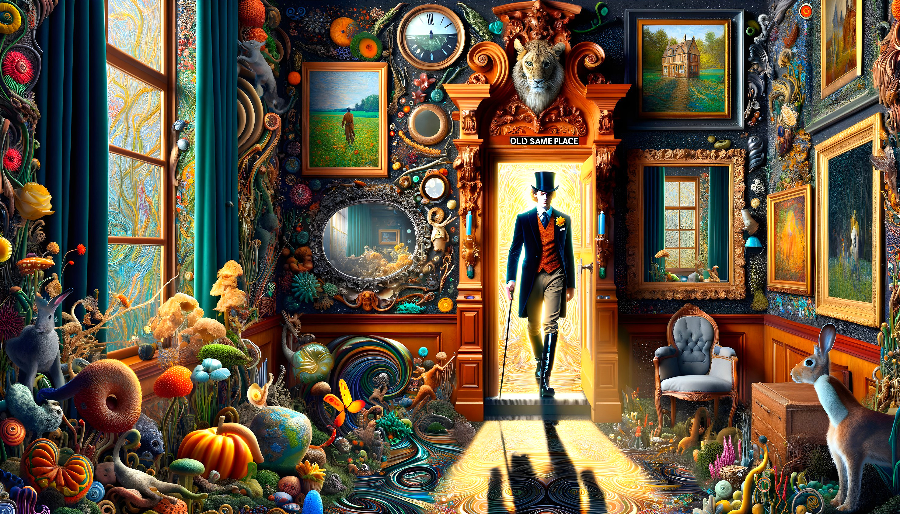 Surreal Room with Intricate Details and Bright Doorway