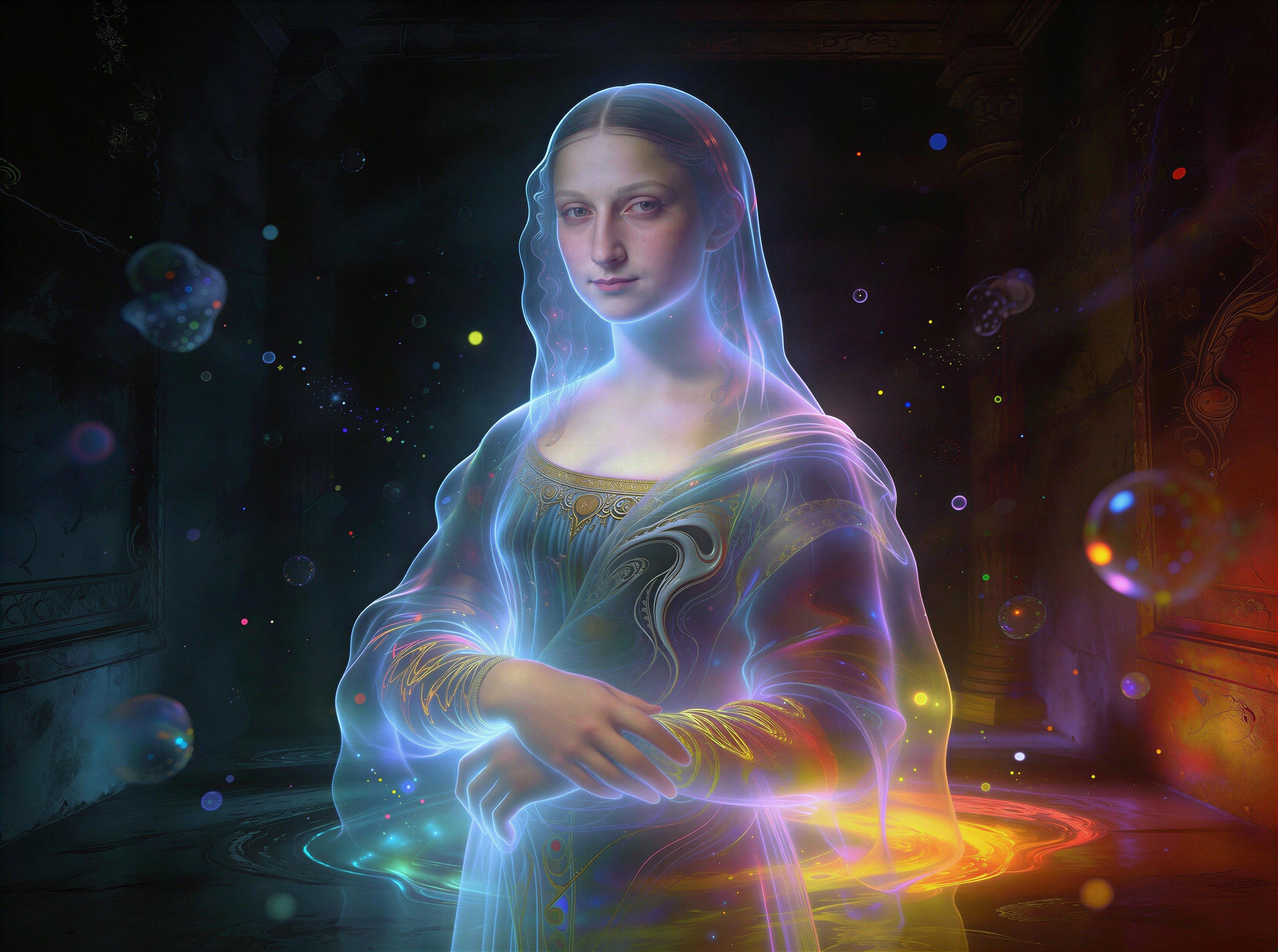 Translucent Nebula Portrait in a Dark Hall Setting